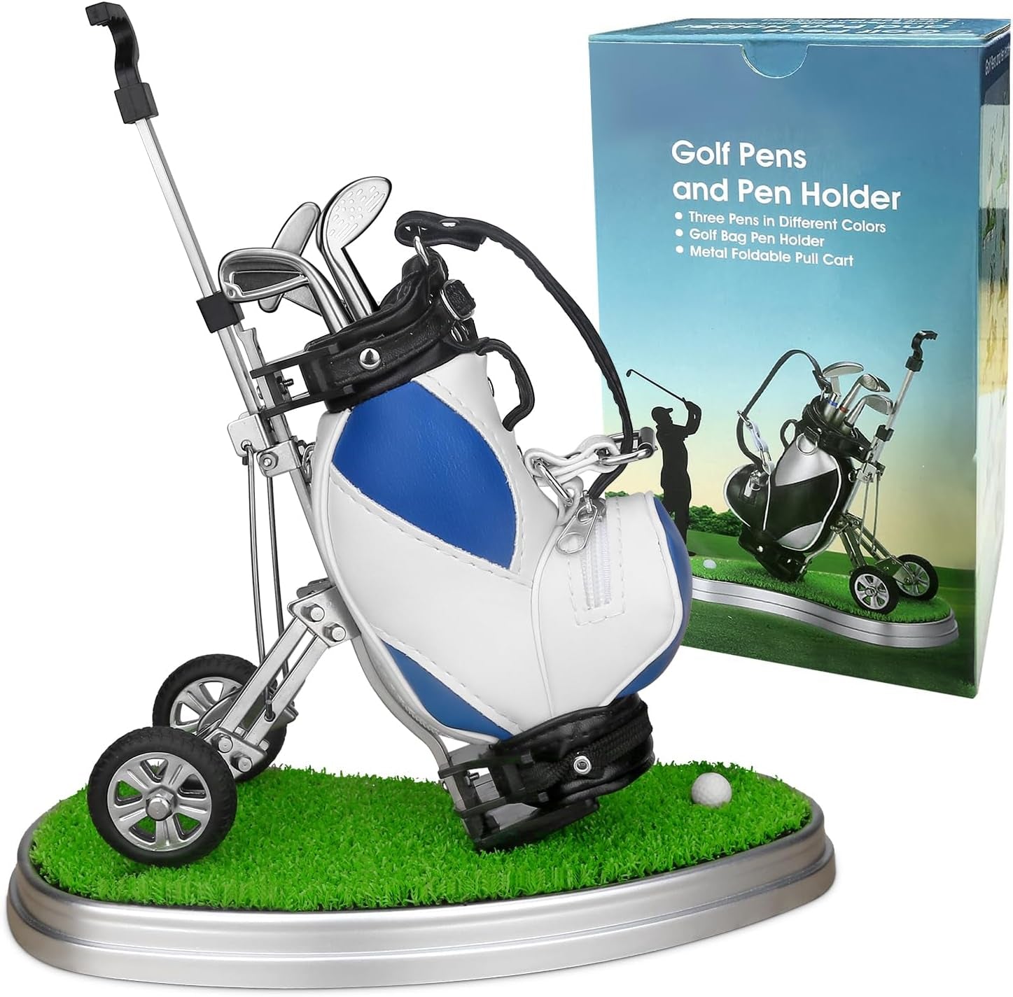 Golf Pen Holder 3 Club Pens & Movable Cart, Mini Golf Bag Desk Decor for Office, Funny Gifts for Men, Dad, Boss Stocking Stuffers for Golfers on Birthday, Christmas, Fathers Day (Blue)