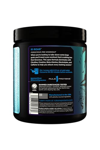 Rule 1 R1 Roar - Pre-Workout Powder with Creatine, Beta-Alanine, Citrulline, Electrolytes & Caffeine (30 Servings, Blue Razz)