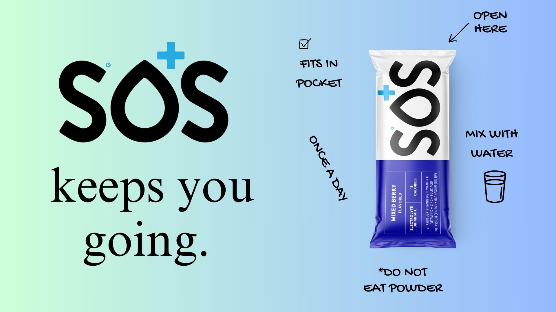 SOS Hydration Electrolyte Drink Mix (5 Servings + Reusable Bottle, Variety Pack)