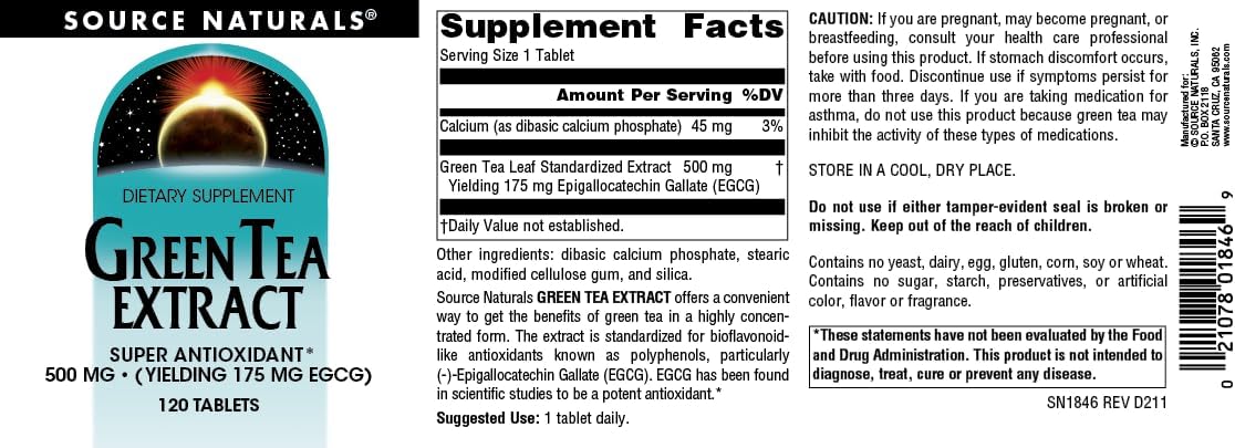 Source Naturals Green Tea Extract - Super Antioxidant* 500mg (YIELDING 175 MG EGCG) - 120 Tablets