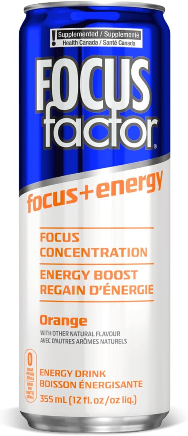 Focus Factor Energy Drink - 12 x 355ml Cans (Orange Flavour) - with Focus + Energy - Lightly Carbonated, Sugar Free, Low Calorie with Vitamin B6 & Vitamin B12