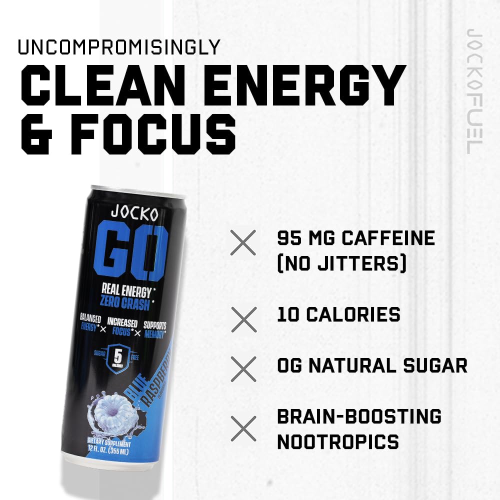 Jocko GO Energy Drink - Keto, Vitamin B12, Vitamin B6, Electrolytes, L Theanine, Magnesium- Energy Boost, Sugar Free Nootropic Monk Fruit Blend - 12 Pack (Nitro Pop)