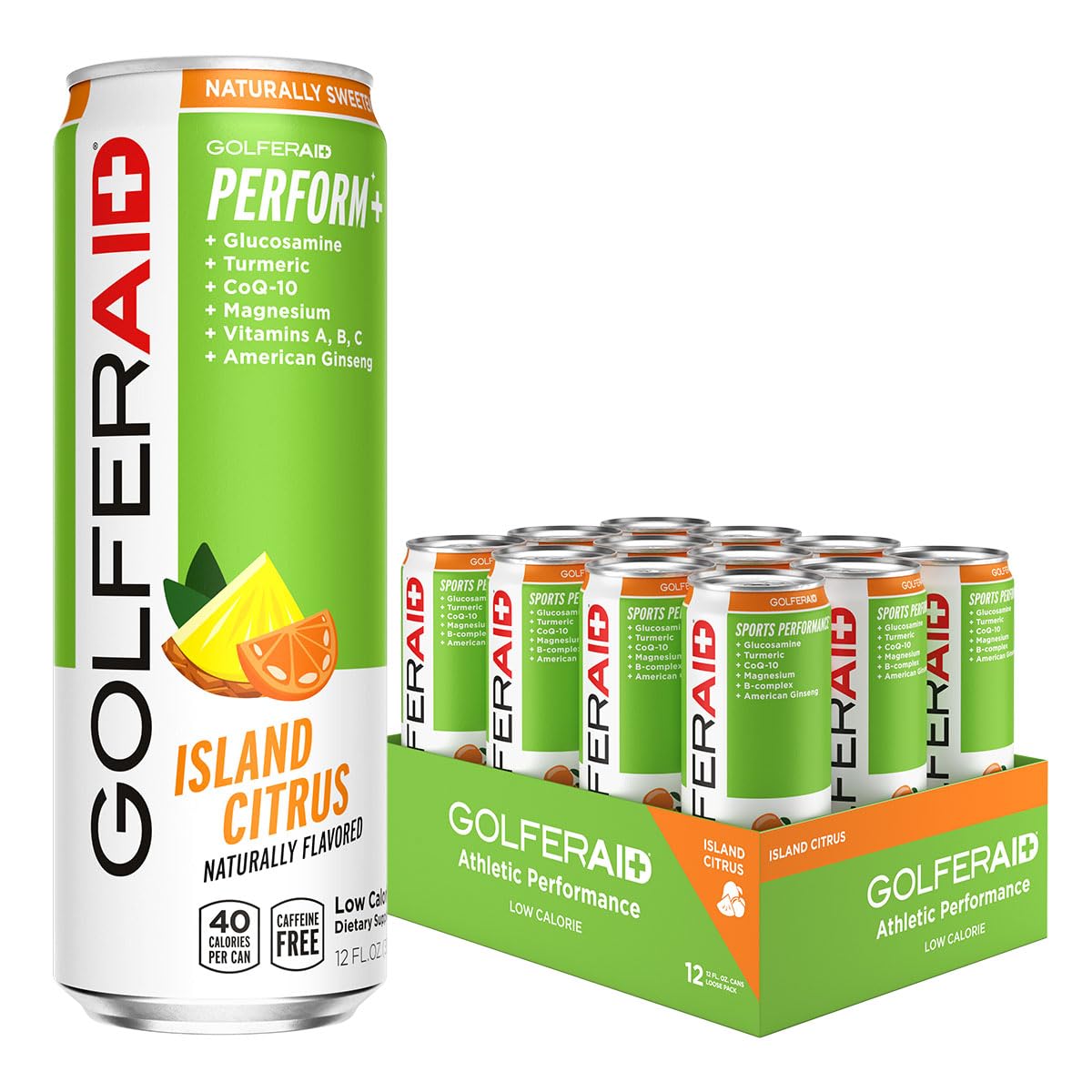 GOLFERAID Performance Blend, Up Your Golf Game, No Caffeine, Glucosamine, Turmeric, MSM, CoQ10, B-Complex, BCAAs and Electrolytes, 40 Calories, 100% Clean, Paleo, Vegan, 12-oz. cans (Pack of 24)