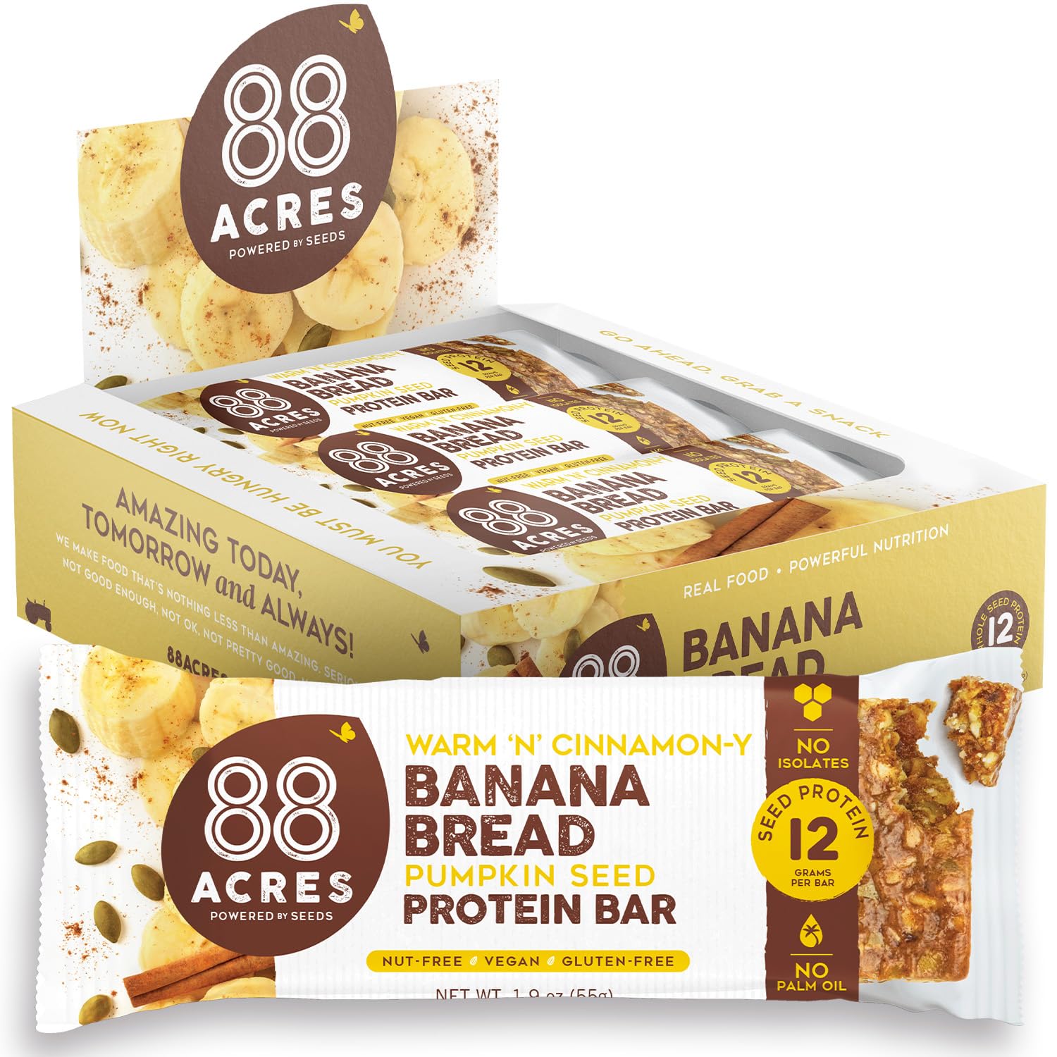 88 Acres Plant Based Seed Protein Bar | 9 Pack, Banana Bread | 12g of Plant Based Protein, Gluten Free, Nut Free, Non GMO, School Safe, No Palm Oil