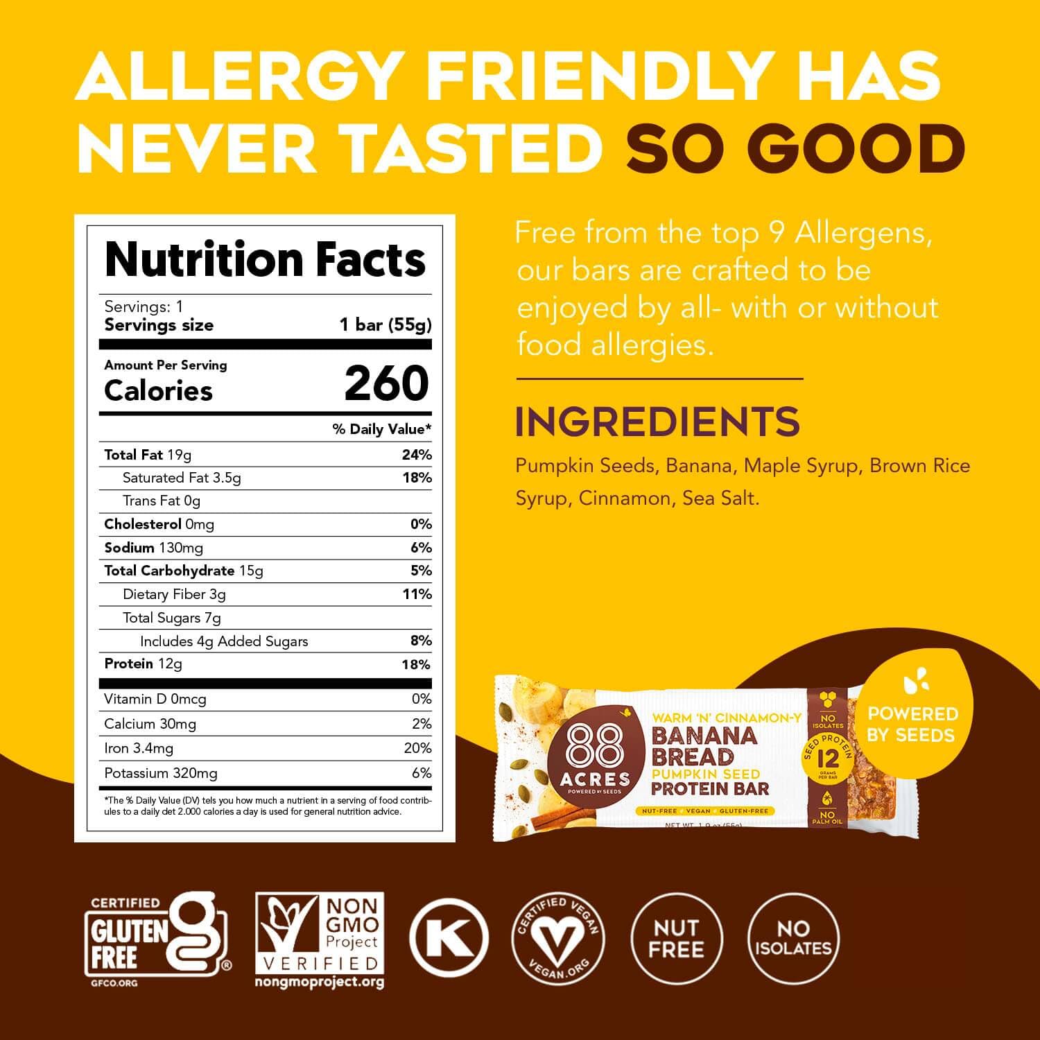 88 Acres Plant Based Seed Protein Bar | 9 Pack, Banana Bread | 12g of Plant Based Protein, Gluten Free, Nut Free, Non GMO, School Safe, No Palm Oil