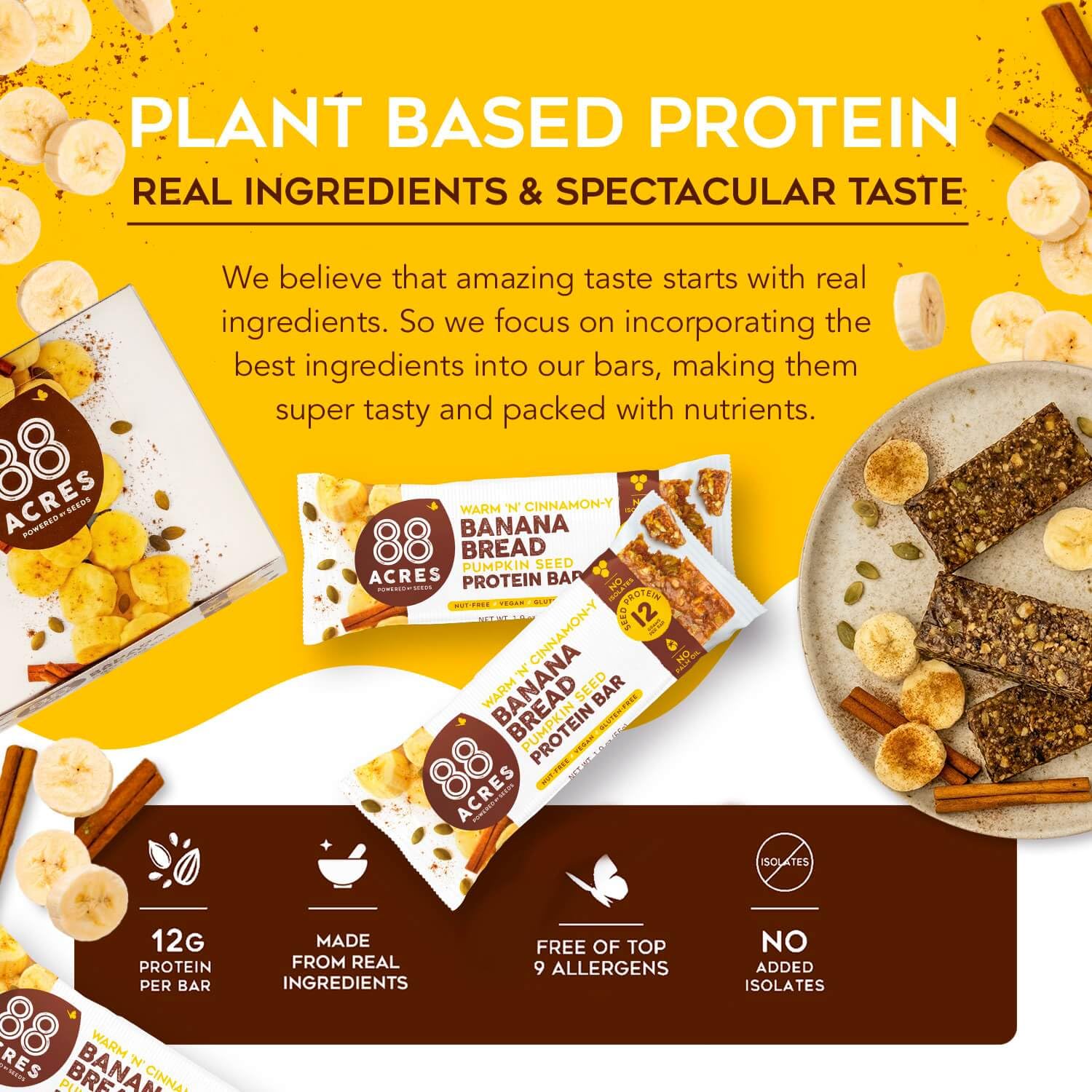88 Acres Plant Based Seed Protein Bar | 9 Pack, Banana Bread | 12g of Plant Based Protein, Gluten Free, Nut Free, Non GMO, School Safe, No Palm Oil