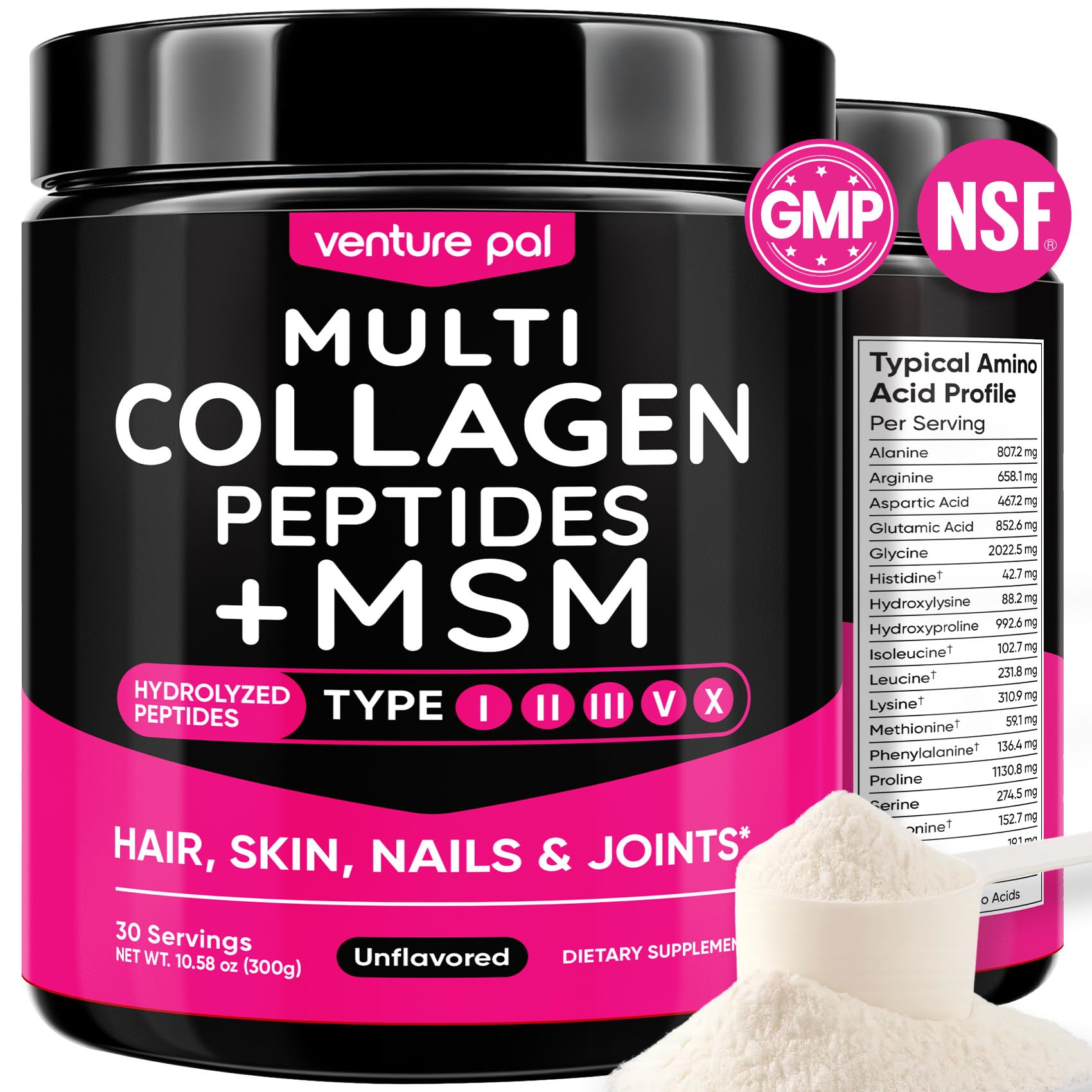Venture Pal Multi Collagen Powder Type I, II, III, V, X – Hydrolyzed Collagen Peptides MSM, GC, Hyaluronic Acid Vitamin C | Collagen Supplement for Women | Joint, Hair, Skin & Nail Support | Non-GMO