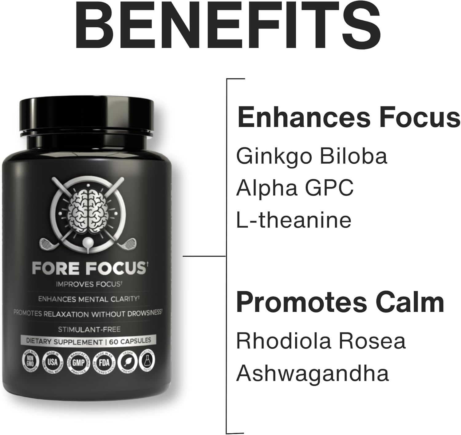 Sports Supplements - Mental Focus Support Supplement - Ashwagandha, L Theanine, Rhodiola Rosea & Ginkgo Biloba - Alpha Brain Supplements for Memory or Focus, Non-GMO, Vegan (1 month supply)