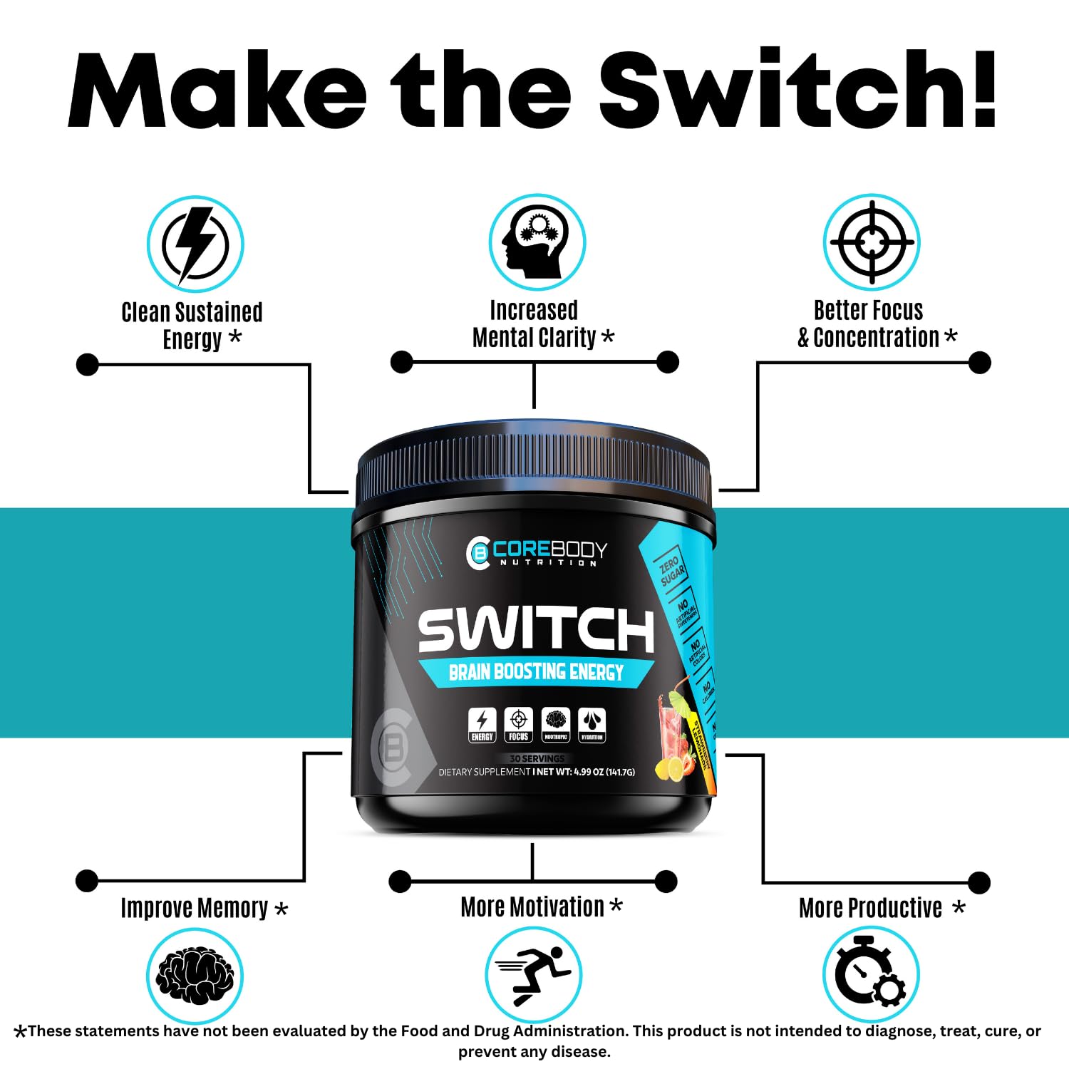 Switch, Brain Boosting Nootropic Energy Supplement Powder - Made in USA - Alpha GPC, NALT, Ashwagandha, Sugar Free Energy, Keto, Increase Mental Focus & Cognitive Function, Enhances Mood & Memory