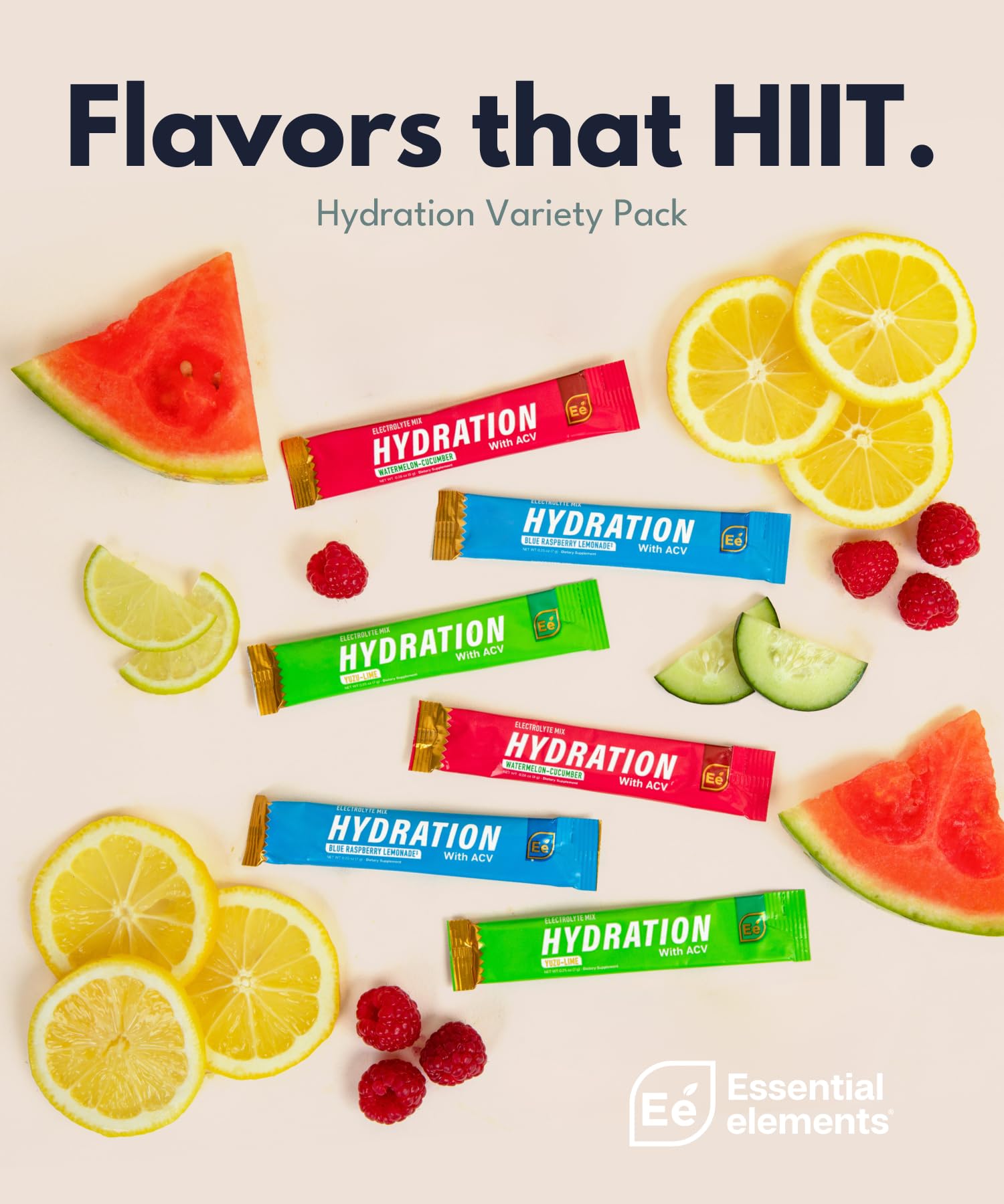Essential Elements Hydration Packets - Variety Pack - Sugar Free Electrolytes Powder Packets - 15 Stick Packs of Electrolytes Powder No Sugar - Hydration Drink - with ACV & Vitamin C