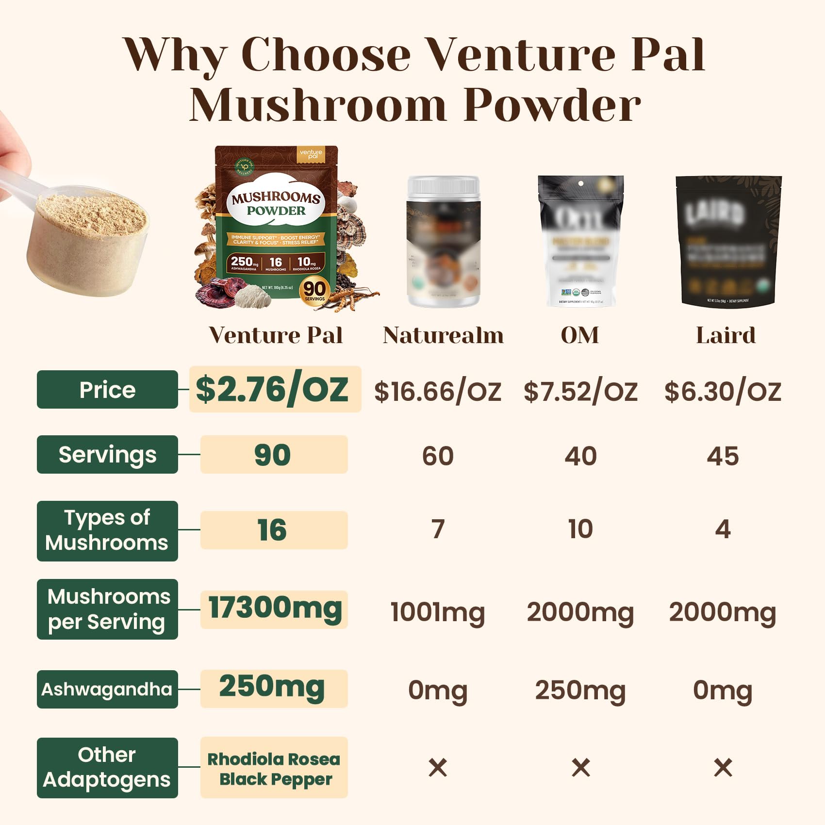 Venture Pal 16 in 1 Mushroom Powder (90 Servings) - 1,557,000mg Mushroom Coffee Alternative with Ashwagandha, Lion’s Mane, Chaga & More | 100% Fruiting Bodies | 10:1 Extract for Immune,Focus & Energy