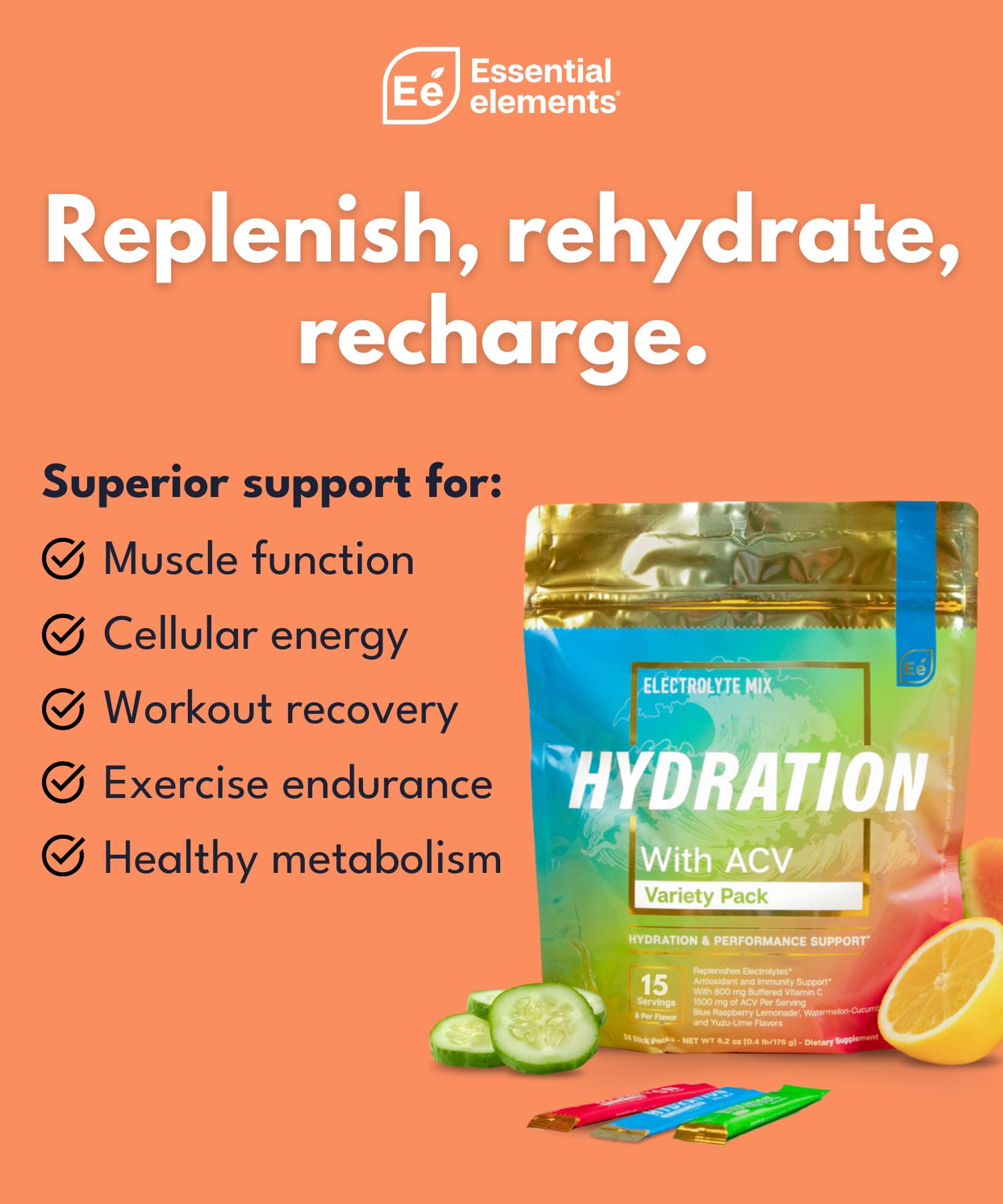 Essential Elements Hydration Packets - Variety Pack - Sugar Free Electrolytes Powder Packets - 15 Stick Packs of Electrolytes Powder No Sugar - Hydration Drink - with ACV & Vitamin C