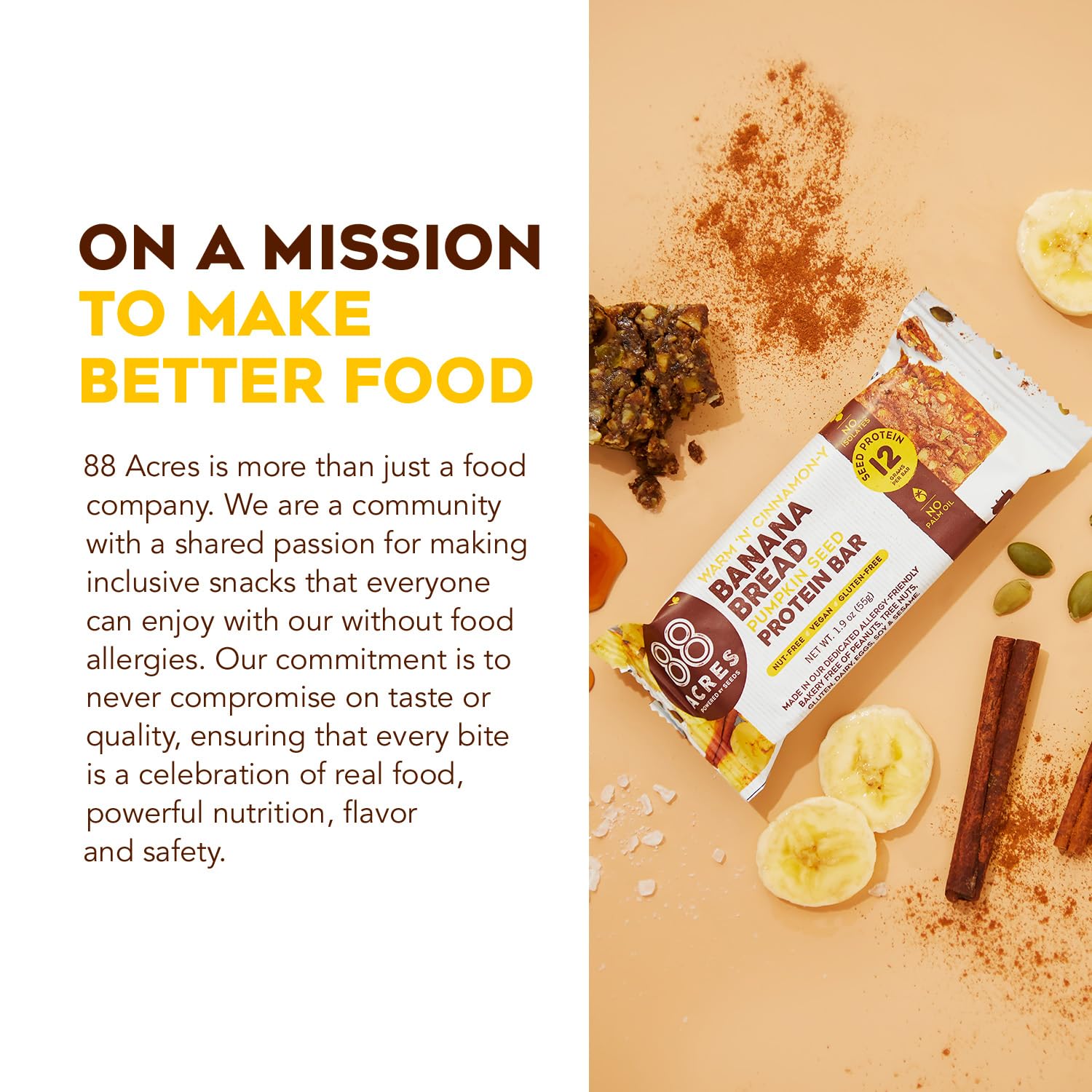88 Acres Plant Based Seed Protein Bar | 9 Pack, Banana Bread | 12g of Plant Based Protein, Gluten Free, Nut Free, Non GMO, School Safe, No Palm Oil