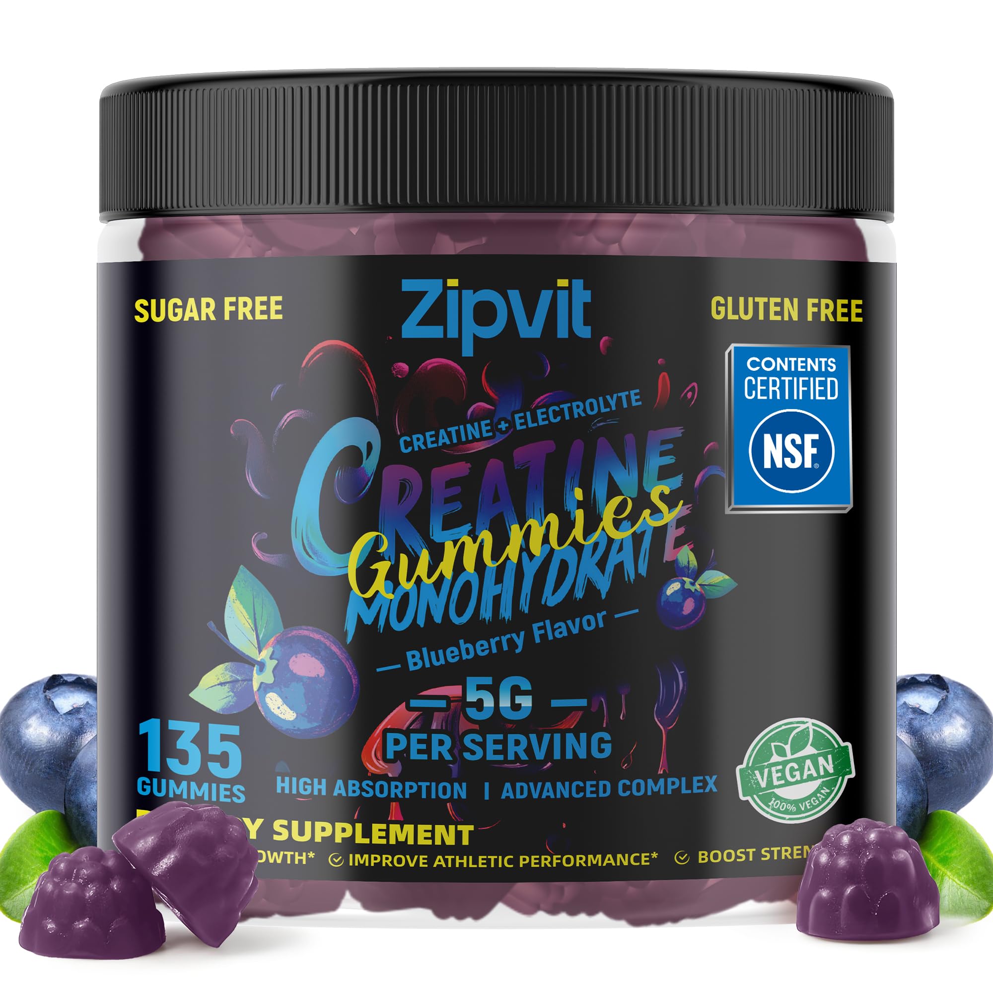 zipvit Creatine Monohydrate Gummies (5g) – Pre-Workout Energy & Muscle Growth Support for Men & Women | Orange Electrolyte Gummies (135 Count)