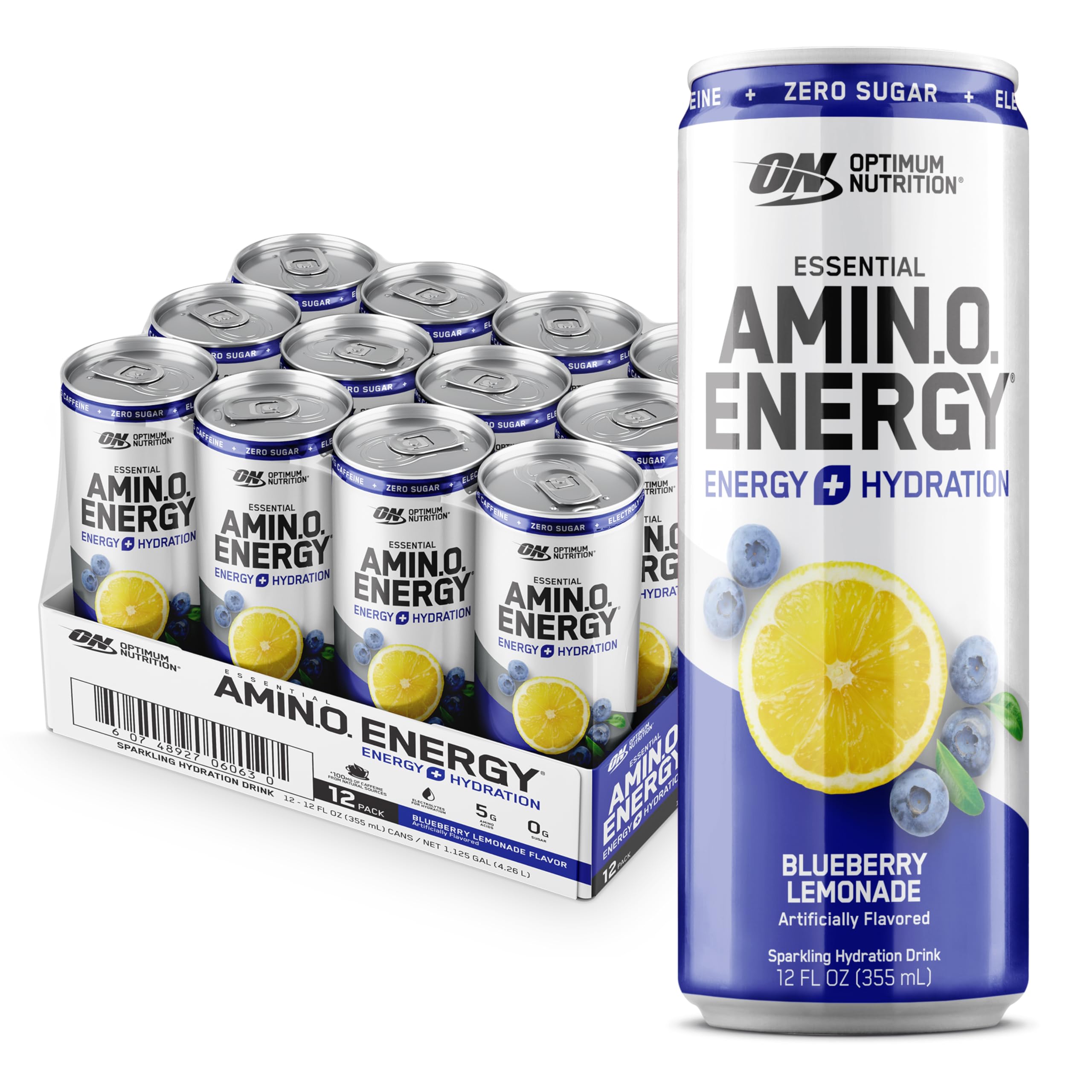 Optimum Nutrition Amino Energy Sparkling Hydration Drink, Electrolytes, Caffeine, Amino Acids, BCAAs, Sugar Free, Grape, 12 Fl Oz, 12 Pack (Packaging May Vary)