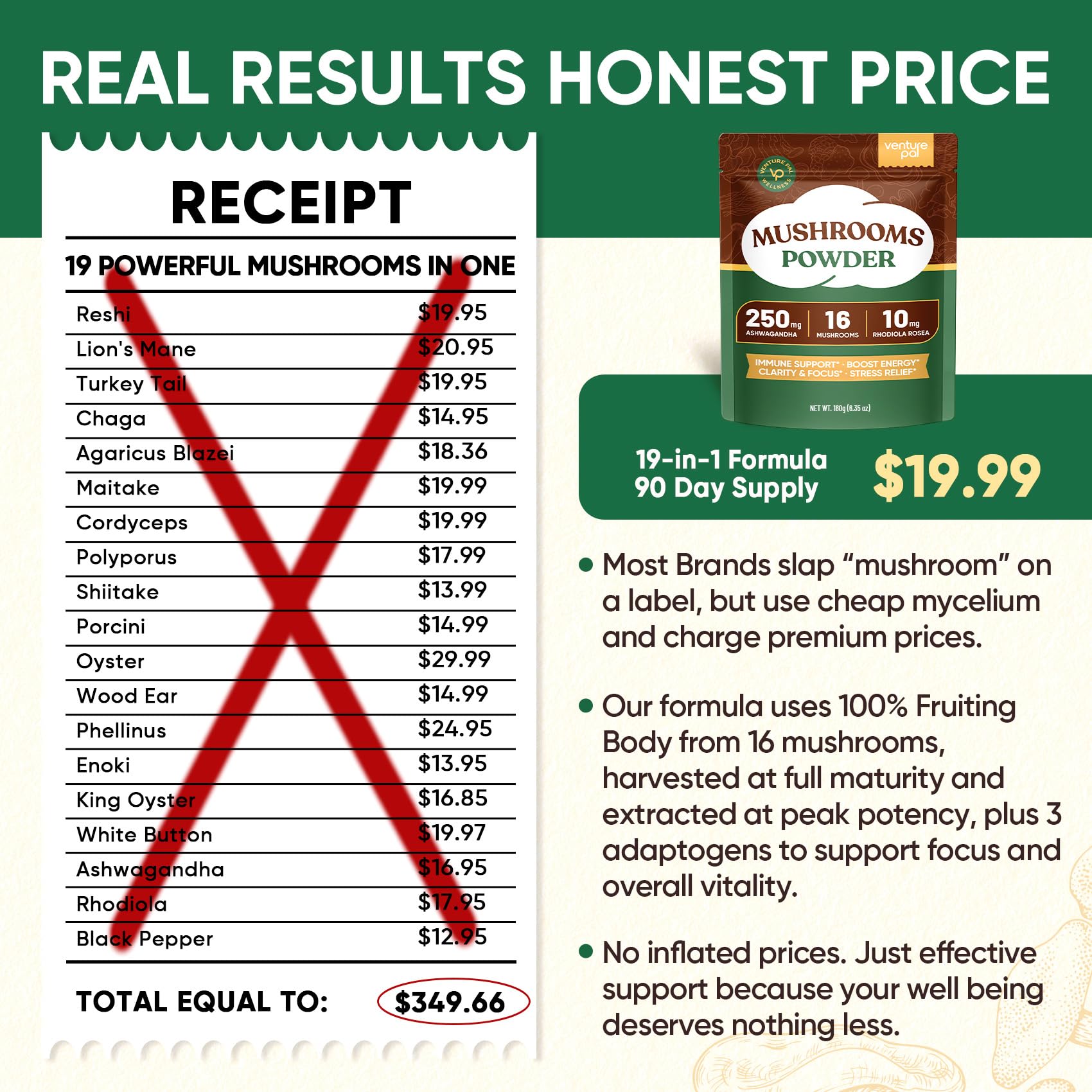 Venture Pal 16 in 1 Mushroom Powder (90 Servings) - 1,557,000mg Mushroom Coffee Alternative with Ashwagandha, Lion’s Mane, Chaga & More | 100% Fruiting Bodies | 10:1 Extract for Immune,Focus & Energy