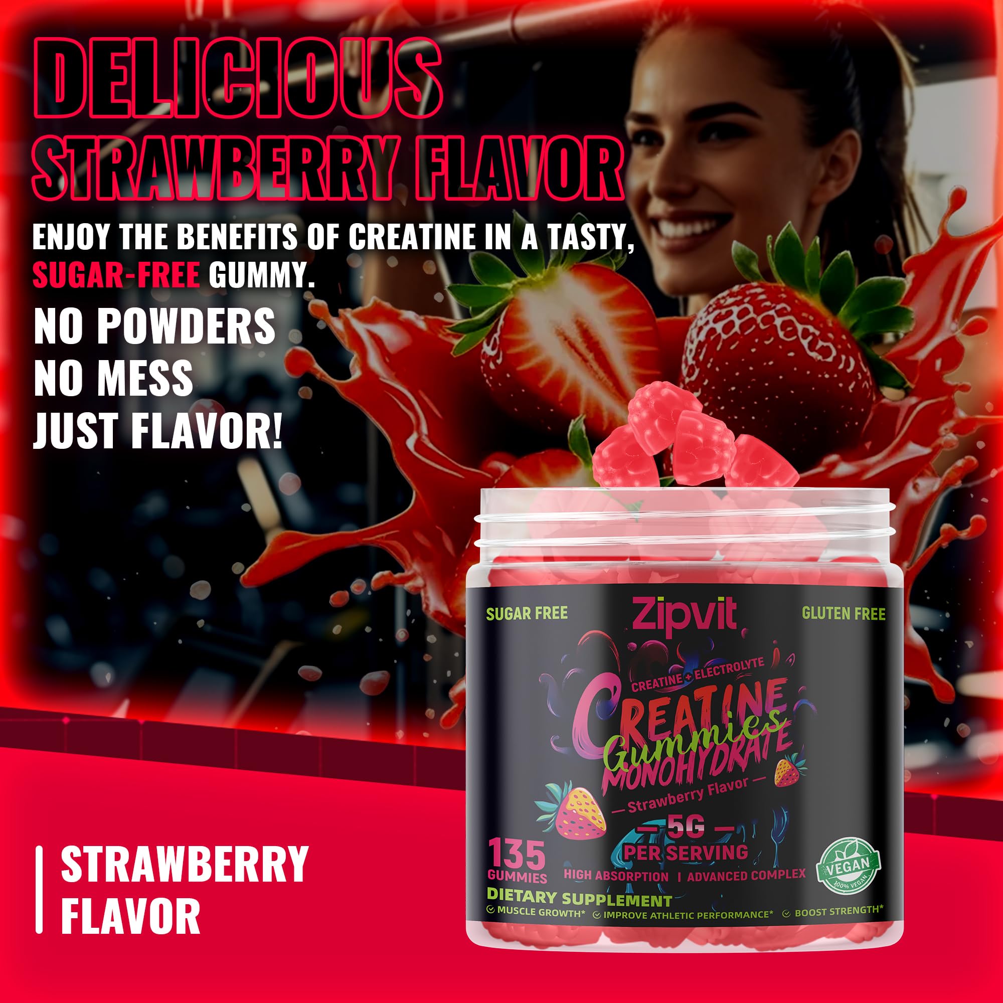 zipvit Creatine Monohydrate Gummies (5g) – Pre-Workout Energy & Muscle Growth Support for Men & Women | Orange Electrolyte Gummies (135 Count)