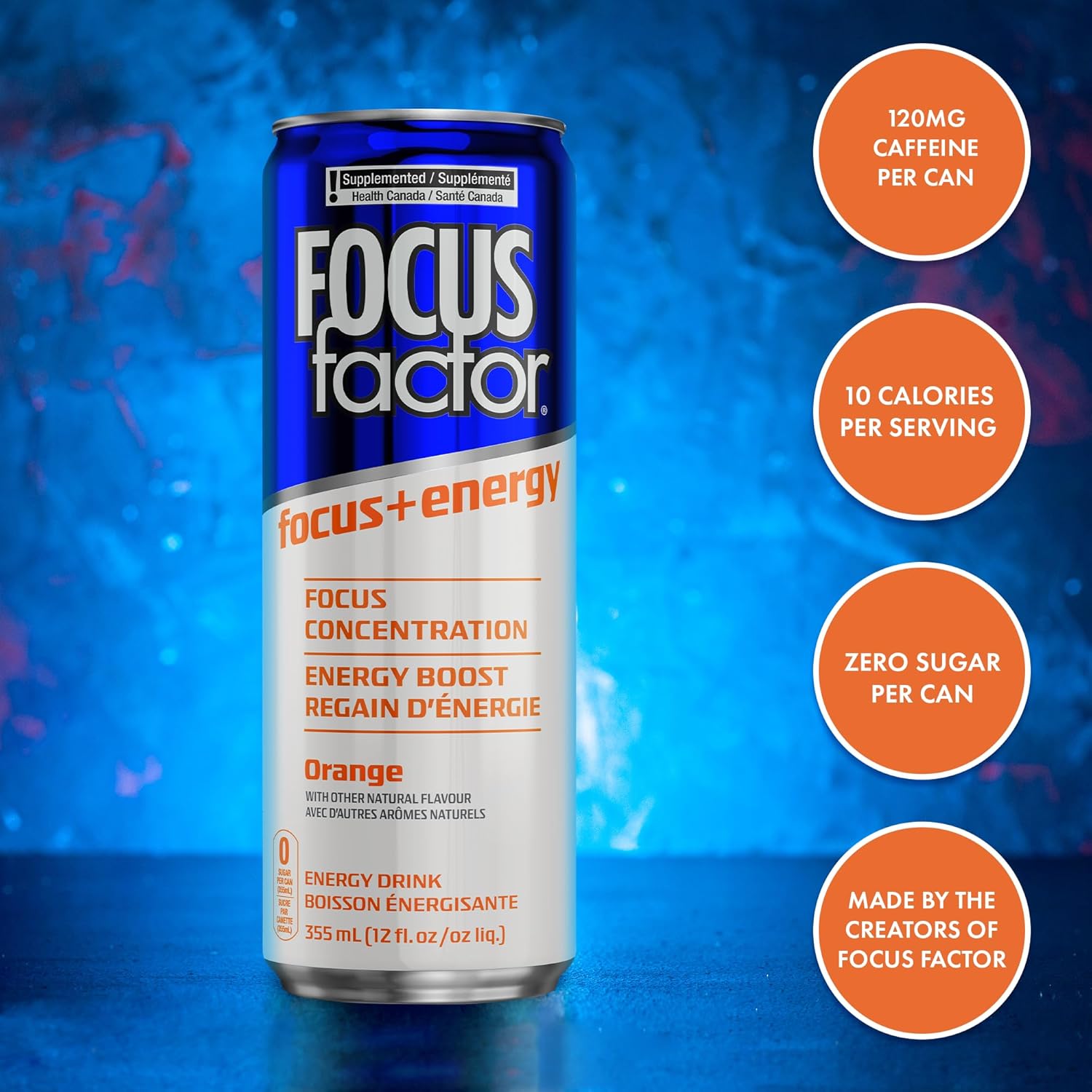 Focus Factor Energy Drink - 12 x 355ml Cans (Orange Flavour) - with Focus + Energy - Lightly Carbonated, Sugar Free, Low Calorie with Vitamin B6 & Vitamin B12