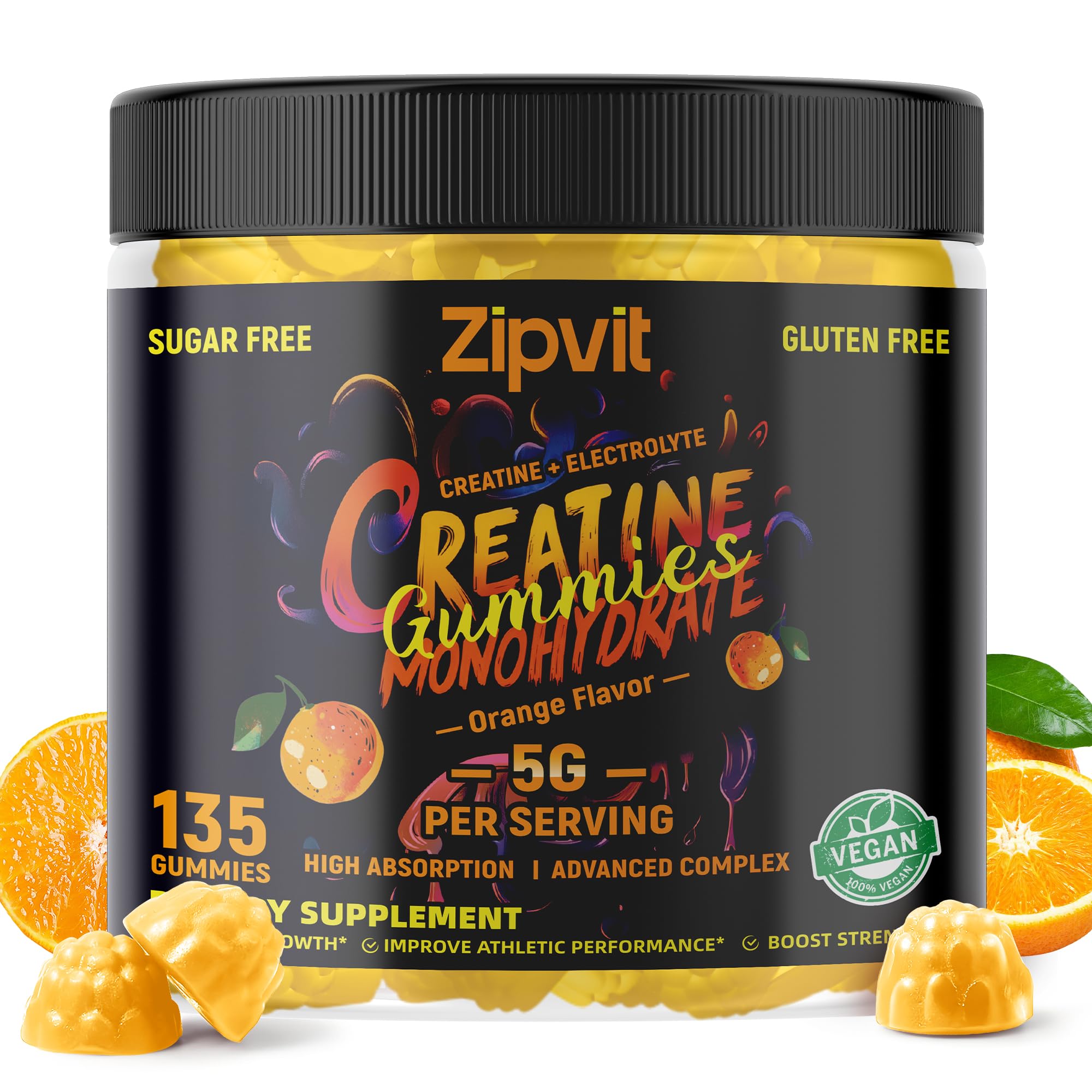 zipvit Creatine Monohydrate Gummies (5g) – Pre-Workout Energy & Muscle Growth Support for Men & Women | Orange Electrolyte Gummies (135 Count)
