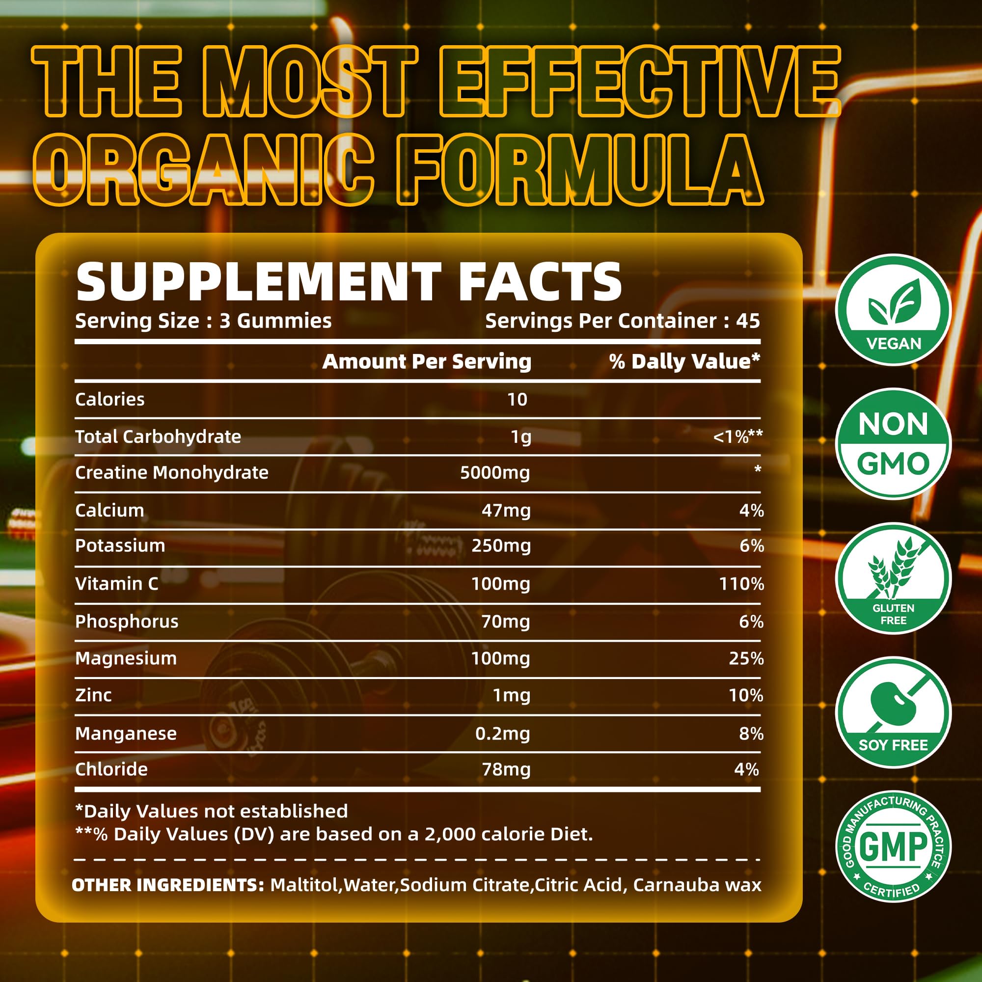 zipvit Creatine Monohydrate Gummies (5g) – Pre-Workout Energy & Muscle Growth Support for Men & Women | Orange Electrolyte Gummies (135 Count)