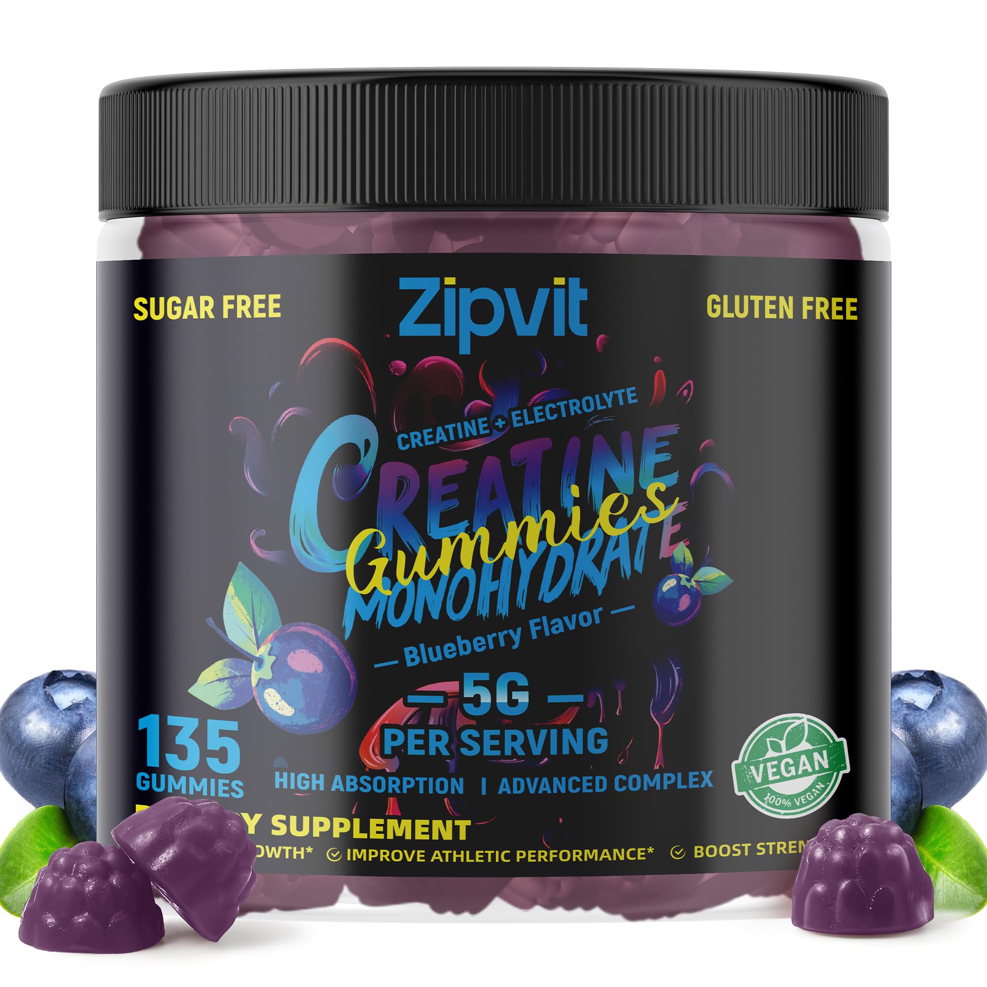 zipvit Creatine Monohydrate Gummies (5g) – Pre-Workout Energy & Muscle Growth Support for Men & Women | Orange Electrolyte Gummies (135 Count)