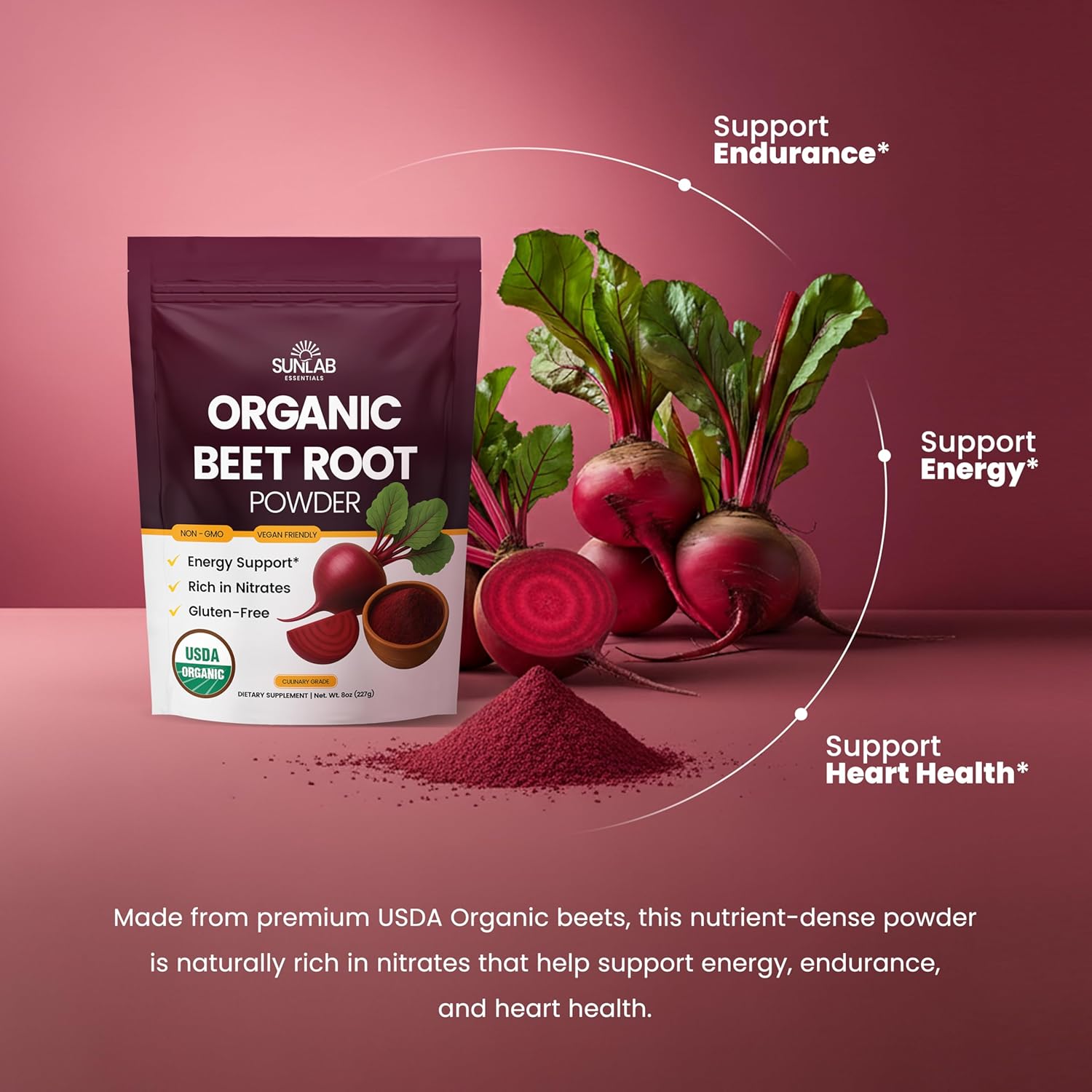 Organic Beet Root Powder (8oz) USDA Organic Beetroot Powder Supplement - Energy, Heart & Immune Support for Adults - Vegan Beetroot Juice - Rich in Nitrates - Non GMO, Gluten-Free & Made in USA