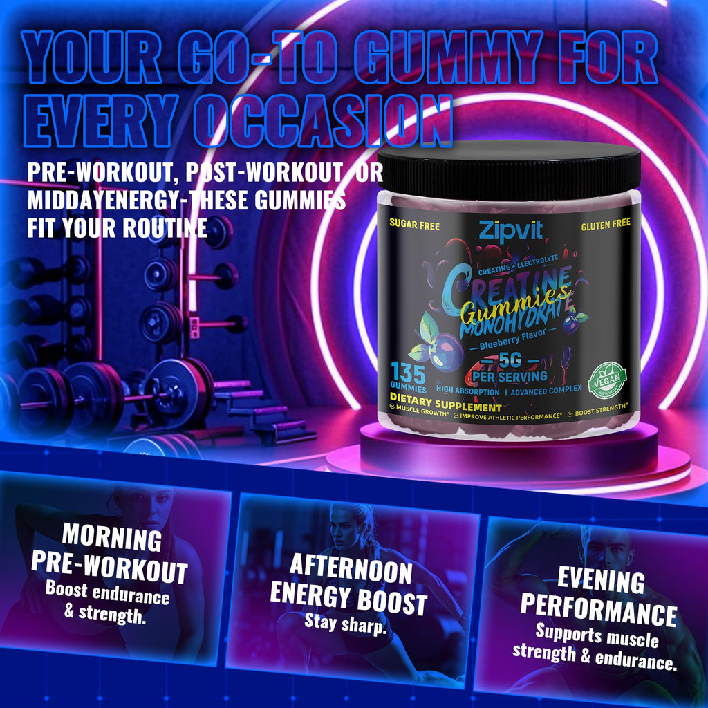 zipvit Creatine Monohydrate Gummies (5g) – Pre-Workout Energy & Muscle Growth Support for Men & Women | Orange Electrolyte Gummies (135 Count)