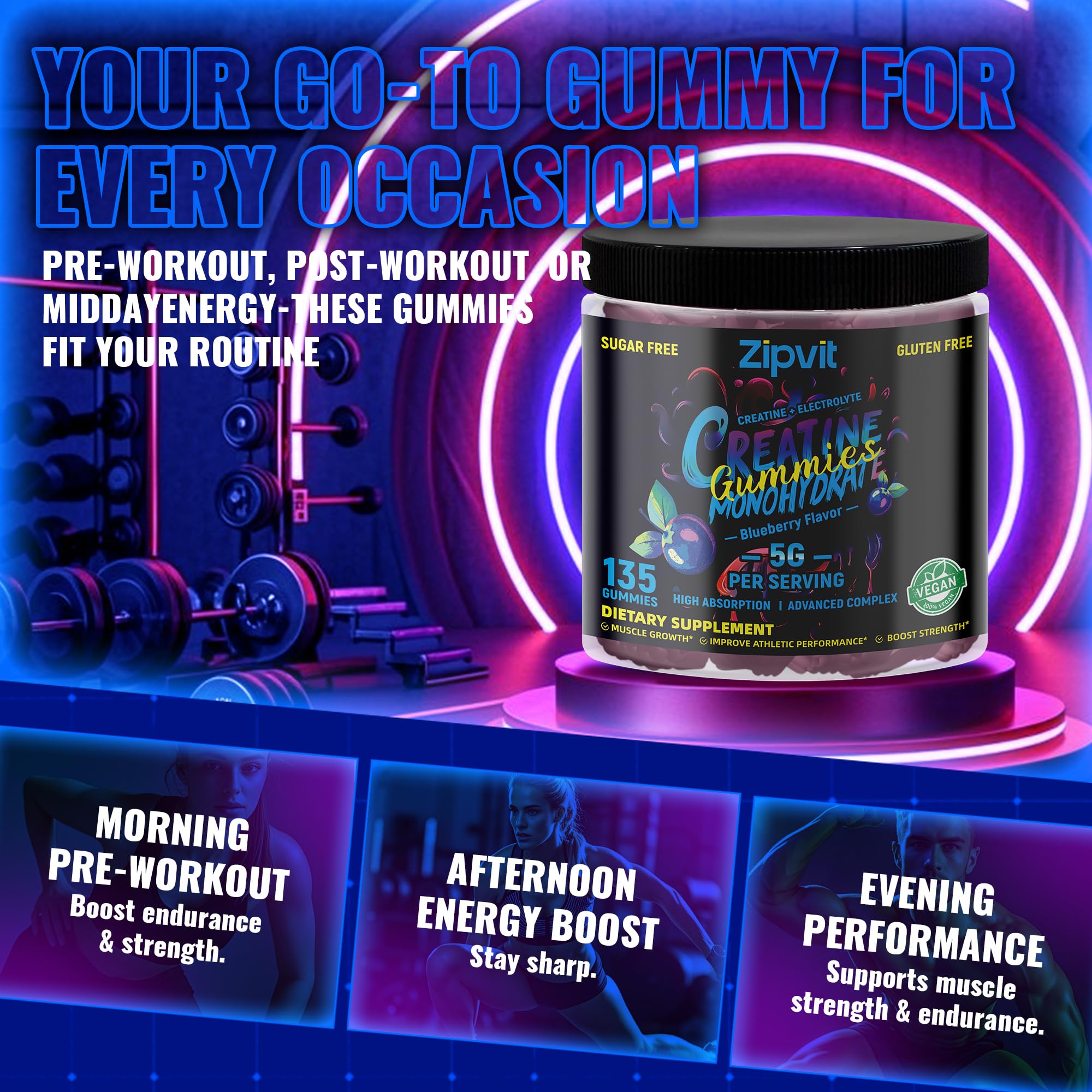 zipvit Creatine Monohydrate Gummies (5g) – Pre-Workout Energy & Muscle Growth Support for Men & Women | Orange Electrolyte Gummies (135 Count)