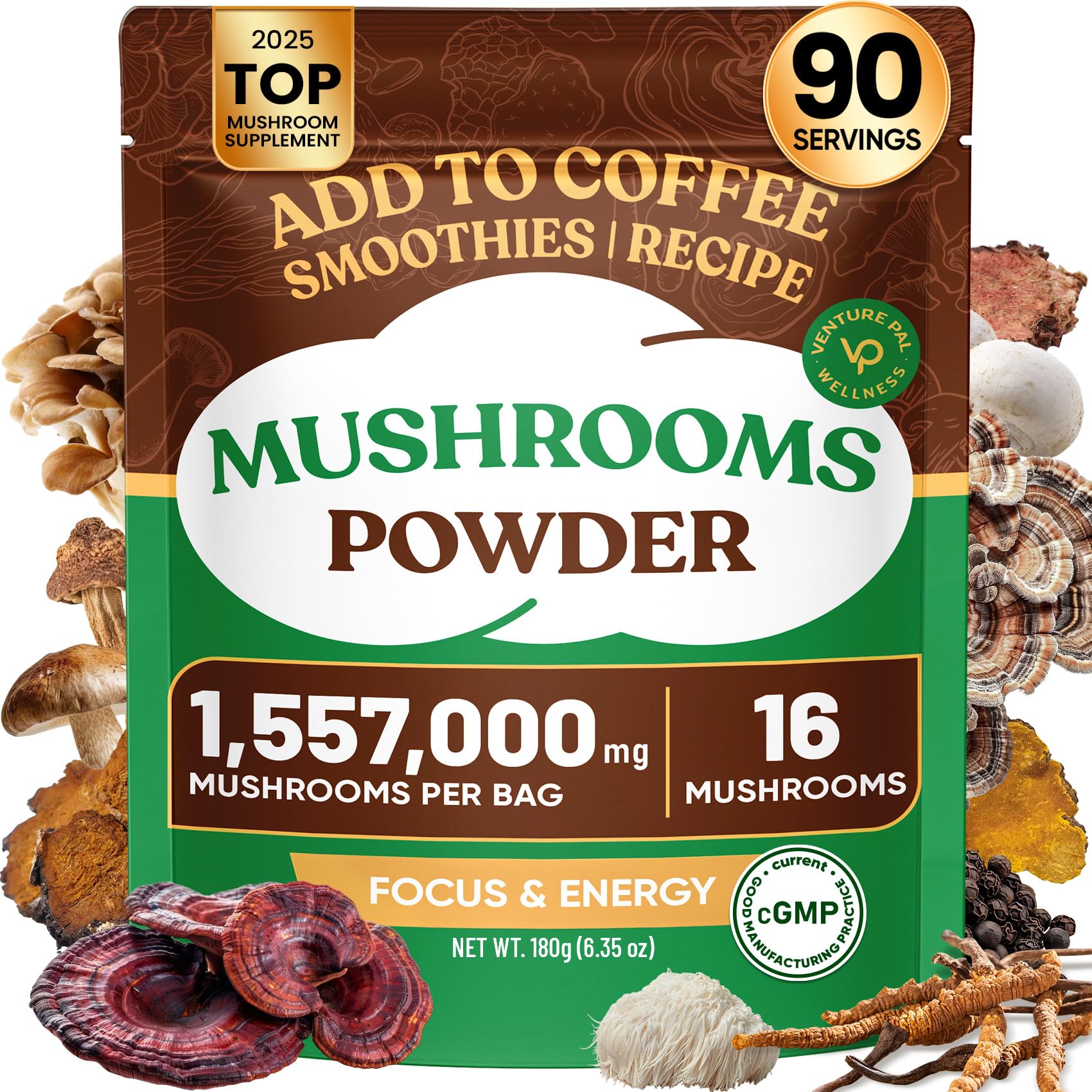 Venture Pal 16 in 1 Mushroom Powder (90 Servings) - 1,557,000mg Mushroom Coffee Alternative with Ashwagandha, Lion’s Mane, Chaga & More | 100% Fruiting Bodies | 10:1 Extract for Immune,Focus & Energy
