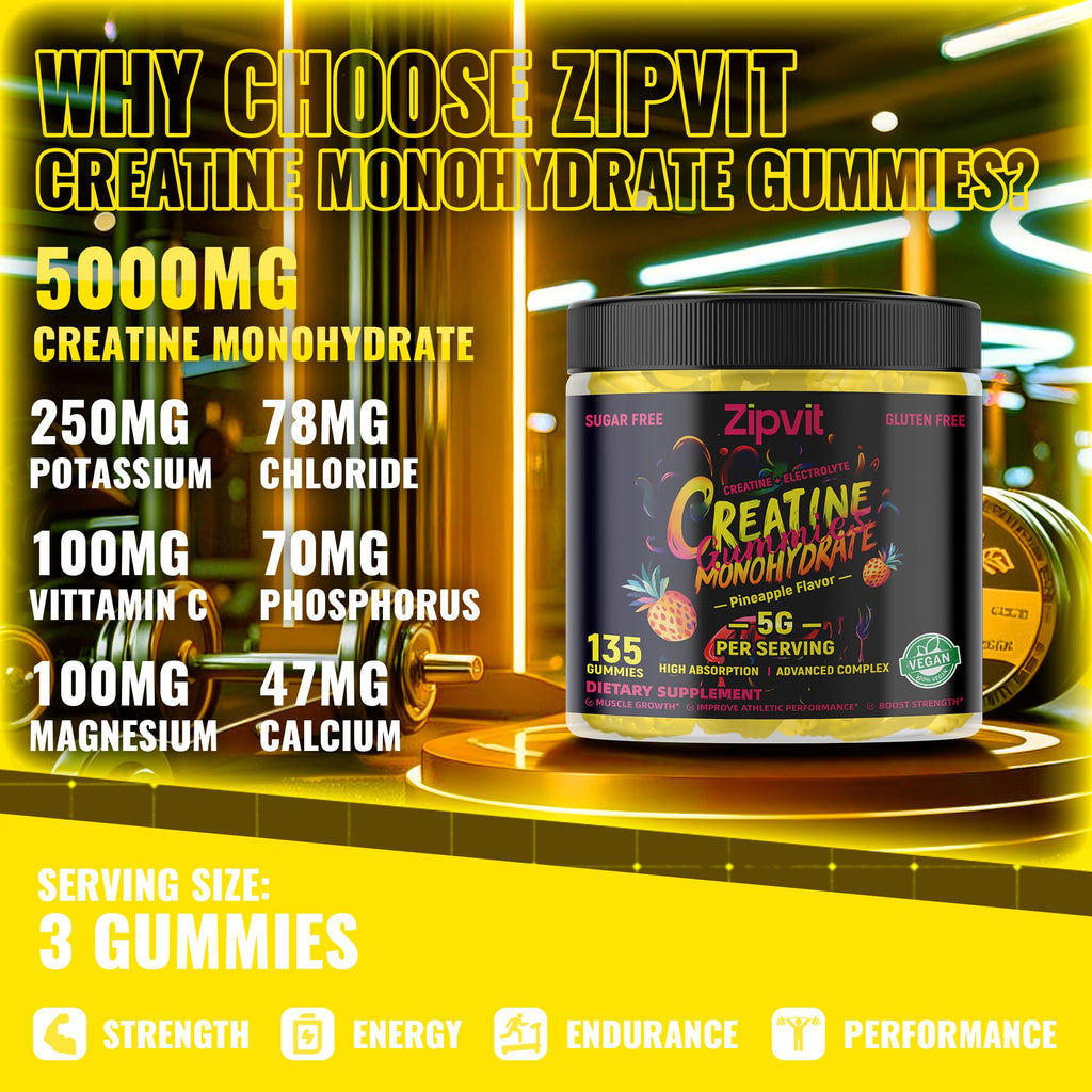 zipvit Creatine Monohydrate Gummies (5g) – Pre-Workout Energy & Muscle Growth Support for Men & Women | Orange Electrolyte Gummies (135 Count)