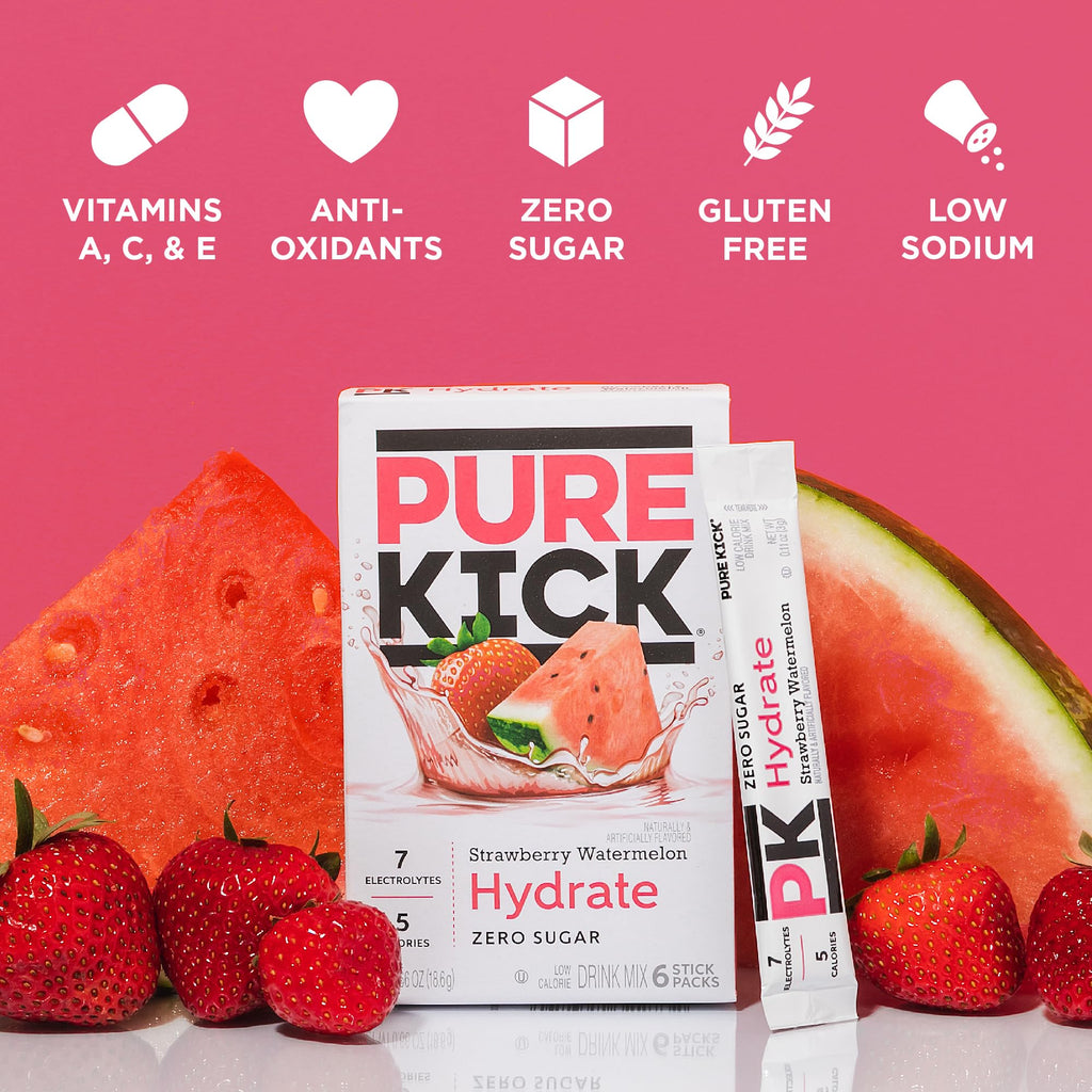 PURE KICK Energy and Hydrate Singles To Go Drink Mix Variety Pack, Black cherry Pomegranate, Orange Passion Fruit, Strawberry watermelon and Concord Grape, 30 Count (Pack - 1)