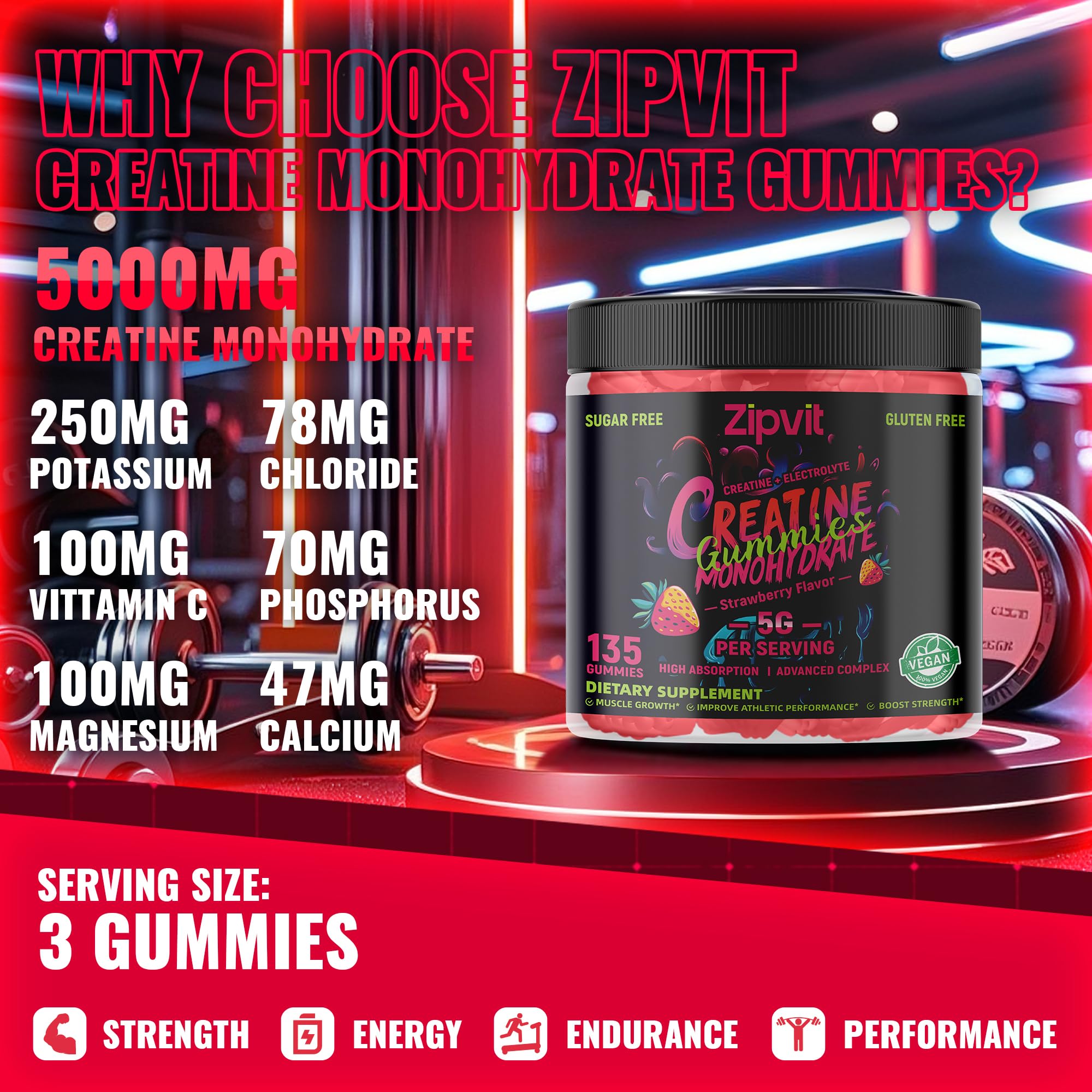 zipvit Creatine Monohydrate Gummies (5g) – Pre-Workout Energy & Muscle Growth Support for Men & Women | Orange Electrolyte Gummies (135 Count)