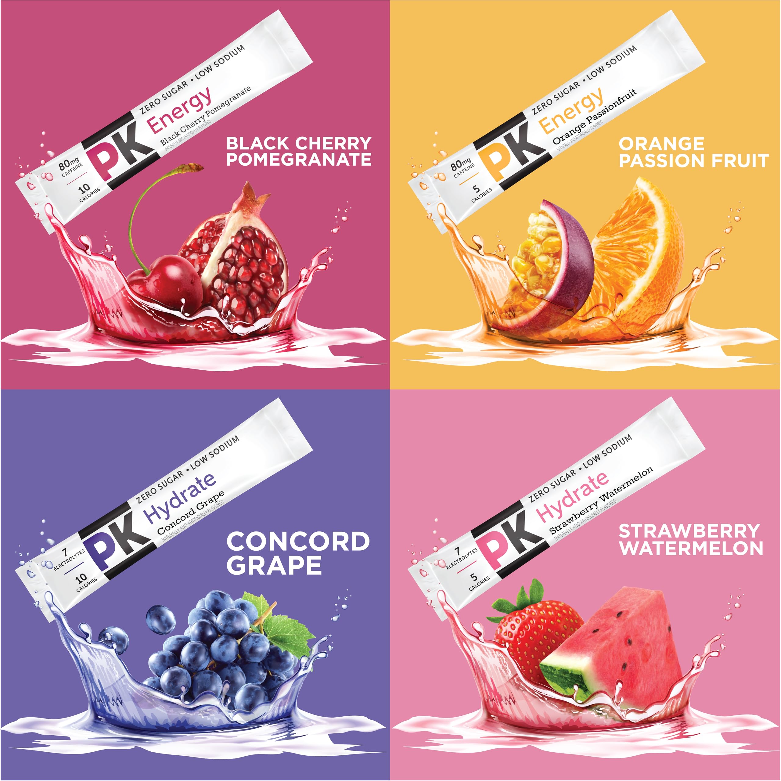 PURE KICK Energy and Hydrate Singles To Go Drink Mix Variety Pack, Black cherry Pomegranate, Orange Passion Fruit, Strawberry watermelon and Concord Grape, 30 Count (Pack - 1)