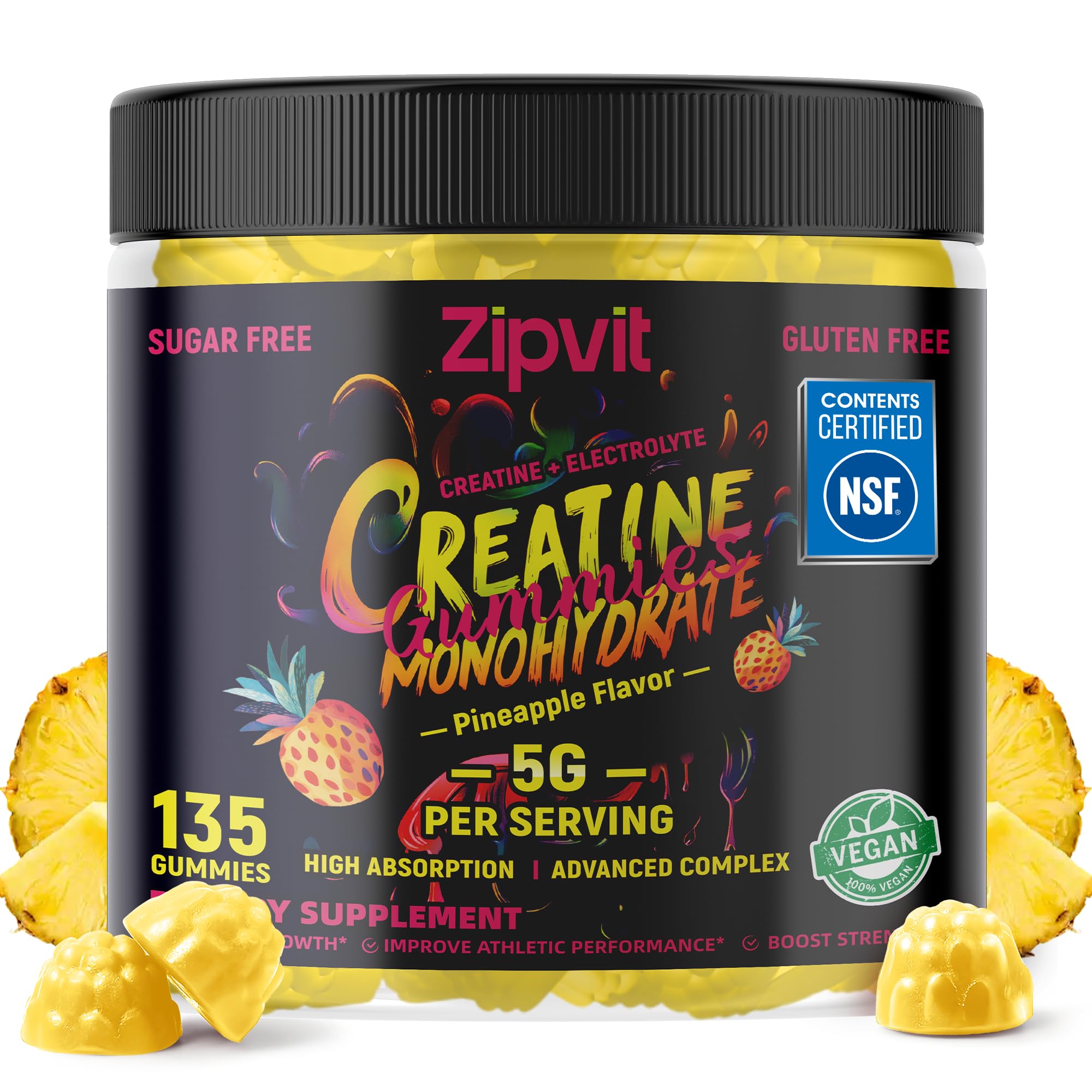 zipvit Creatine Monohydrate Gummies (5g) – Pre-Workout Energy & Muscle Growth Support for Men & Women | Orange Electrolyte Gummies (135 Count)