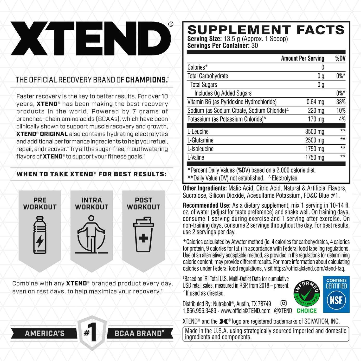 Xtend Original BCAA Powder 7g BCAA and 2.5g L-Glutamine, Sugar Free Post Workout Muscle Recovery Drink with Amino Acids for Men & Women, 90 Servings
