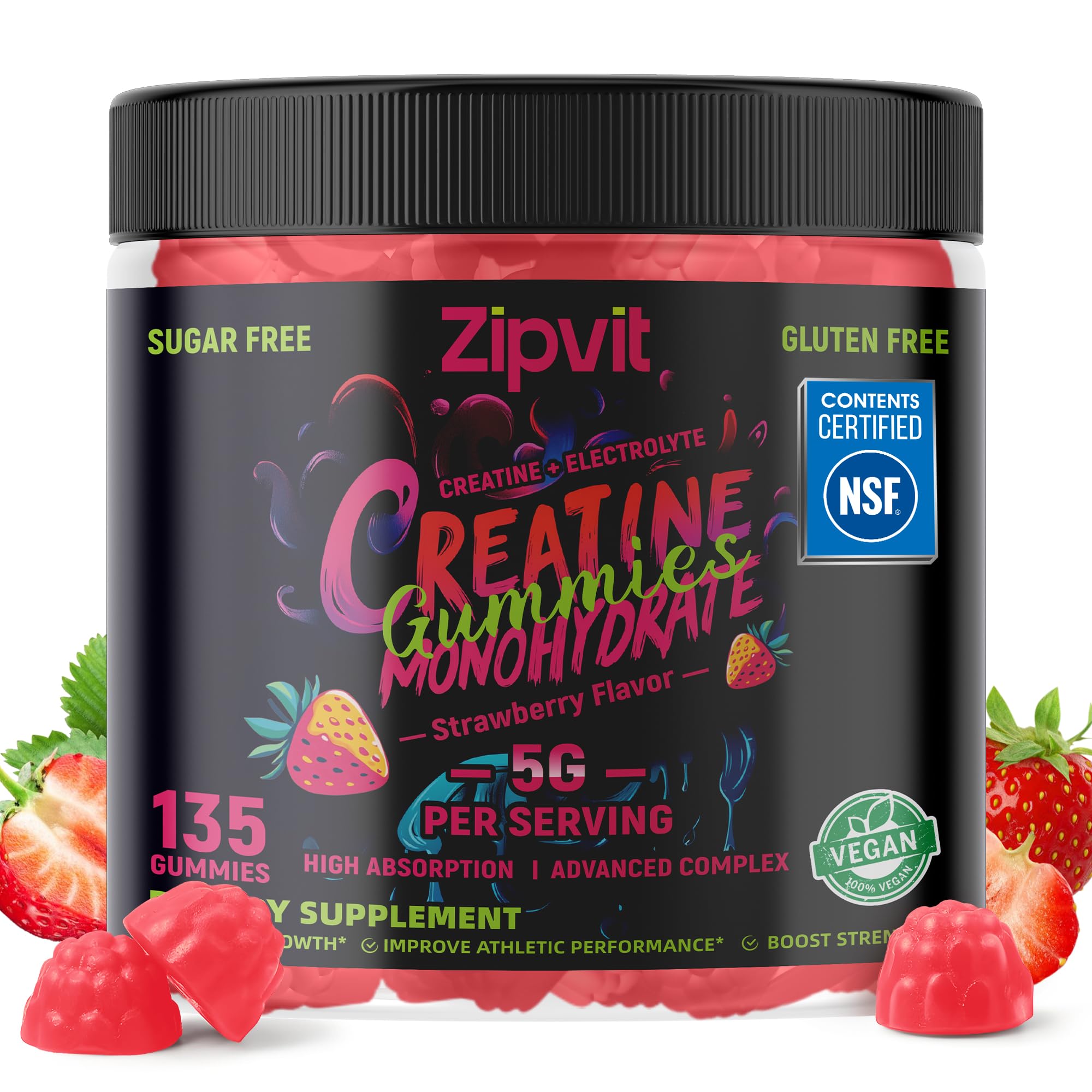 zipvit Creatine Monohydrate Gummies (5g) – Pre-Workout Energy & Muscle Growth Support for Men & Women | Orange Electrolyte Gummies (135 Count)