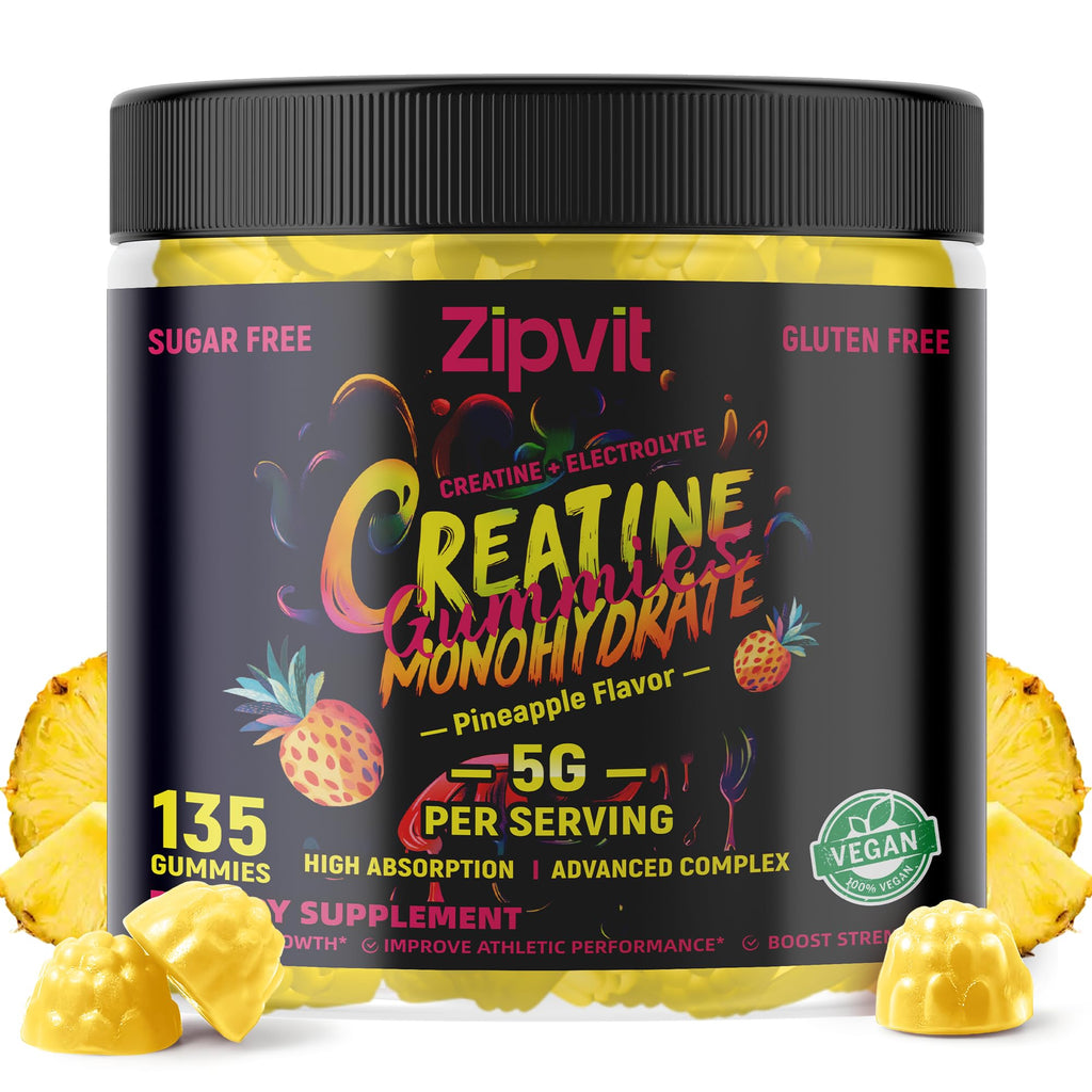 zipvit Creatine Monohydrate Gummies (5g) – Pre-Workout Energy & Muscle Growth Support for Men & Women | Orange Electrolyte Gummies (135 Count)