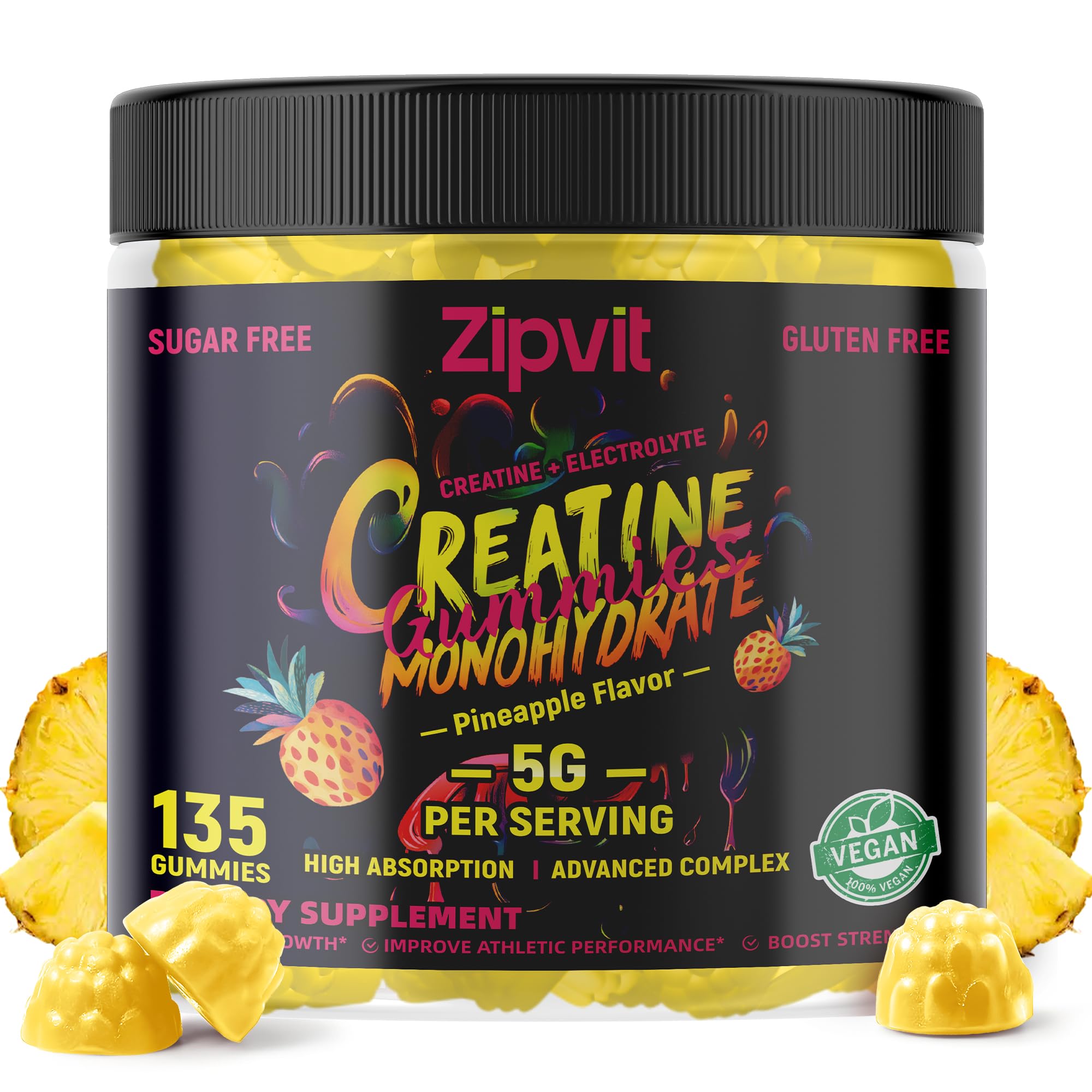zipvit Creatine Monohydrate Gummies (5g) – Pre-Workout Energy & Muscle Growth Support for Men & Women | Orange Electrolyte Gummies (135 Count)