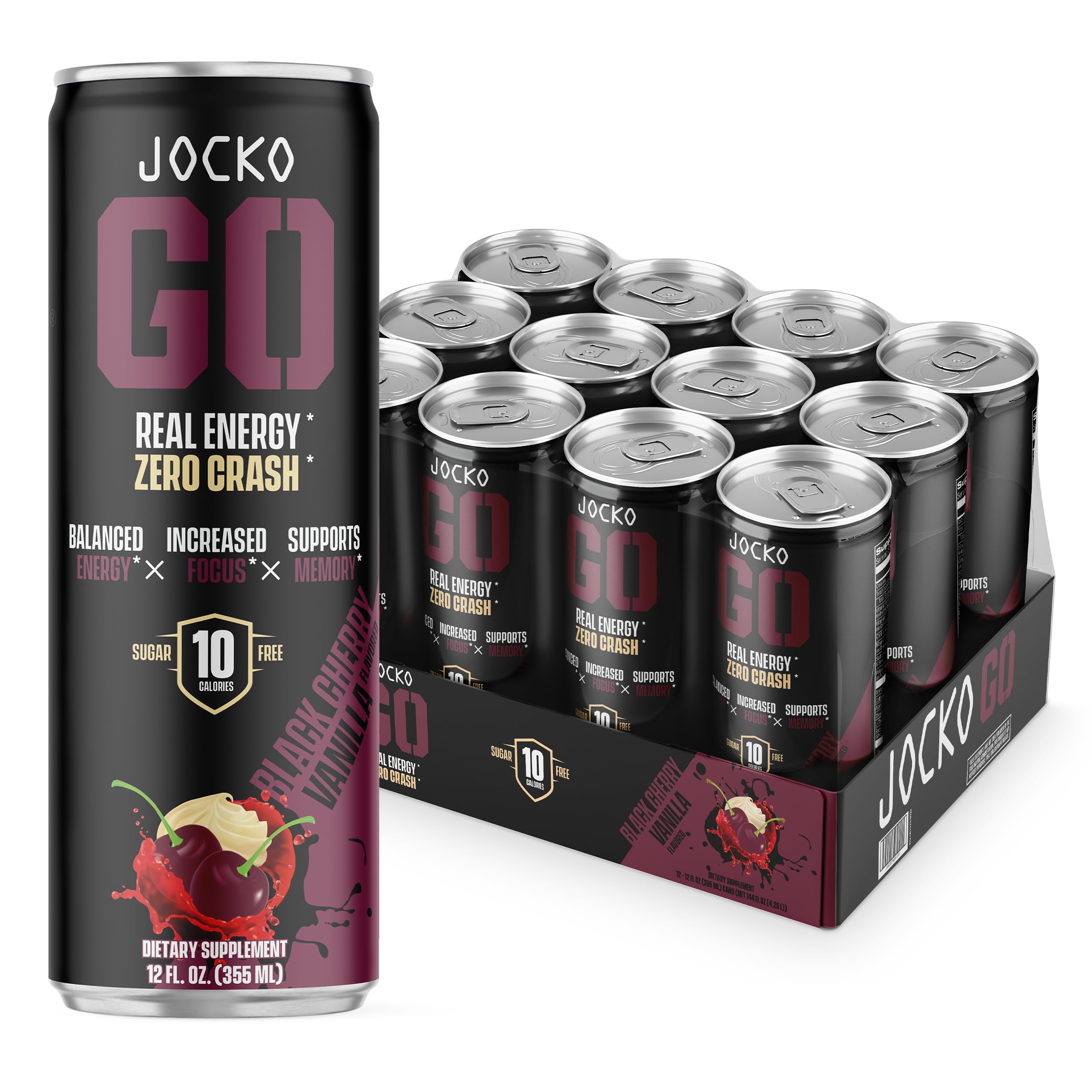 Jocko GO Energy Drink - Keto, Vitamin B12, Vitamin B6, Electrolytes, L Theanine, Magnesium- Energy Boost, Sugar Free Nootropic Monk Fruit Blend - 12 Pack (Nitro Pop)