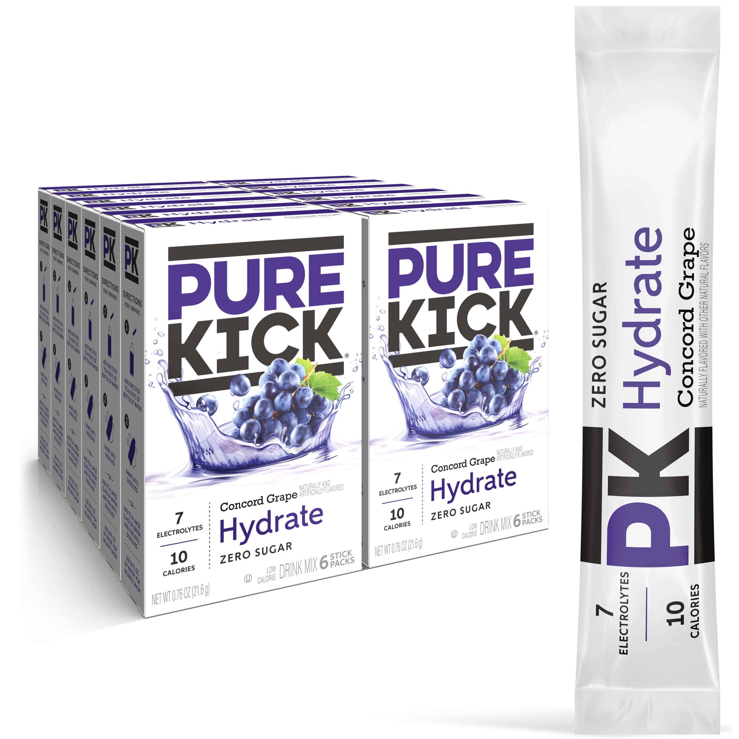 PURE KICK Energy and Hydrate Singles To Go Drink Mix Variety Pack, Black cherry Pomegranate, Orange Passion Fruit, Strawberry watermelon and Concord Grape, 30 Count (Pack - 1)