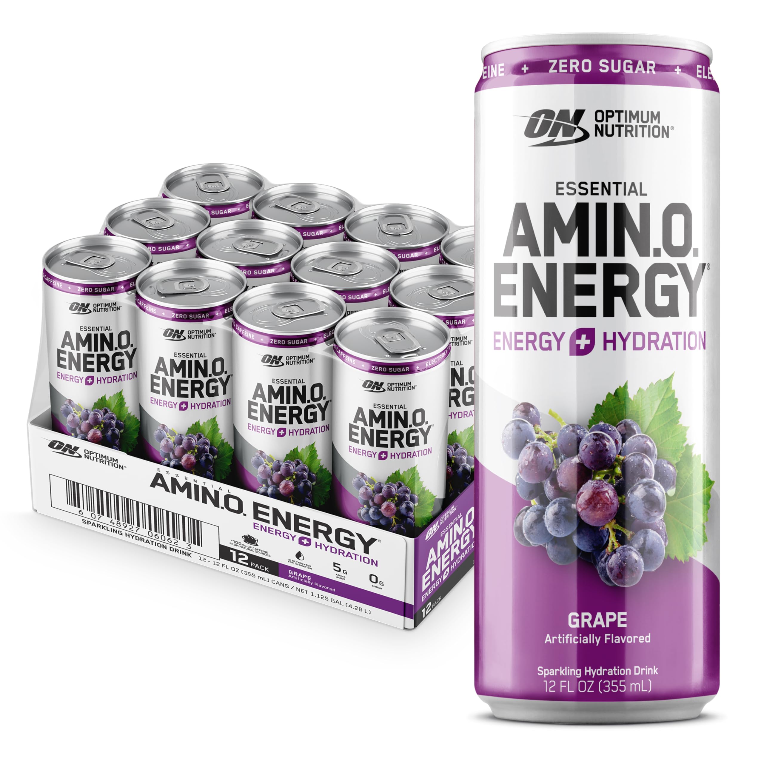 Optimum Nutrition Amino Energy Sparkling Hydration Drink, Electrolytes, Caffeine, Amino Acids, BCAAs, Sugar Free, Grape, 12 Fl Oz, 12 Pack (Packaging May Vary)