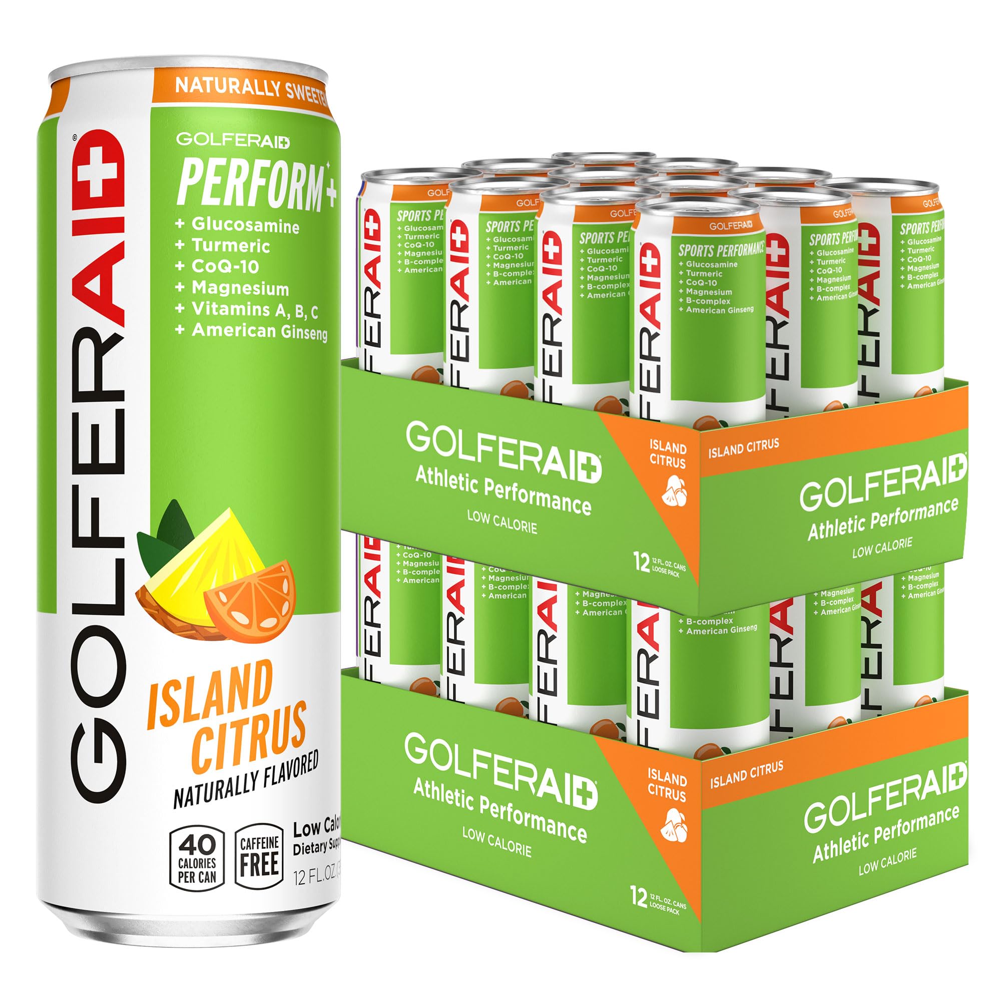 GOLFERAID Performance Blend, Up Your Golf Game, No Caffeine, Glucosamine, Turmeric, MSM, CoQ10, B-Complex, BCAAs and Electrolytes, 40 Calories, 100% Clean, Paleo, Vegan, 12-oz. cans (Pack of 24)