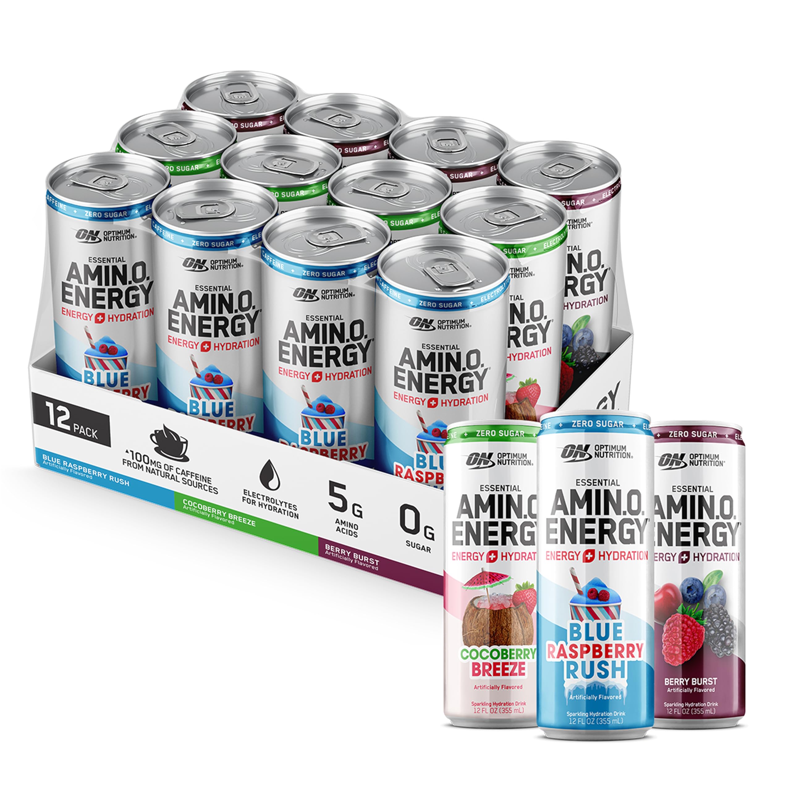 Optimum Nutrition Amino Energy Sparkling Hydration Drink, Electrolytes, Caffeine, Amino Acids, BCAAs, Sugar Free, Grape, 12 Fl Oz, 12 Pack (Packaging May Vary)