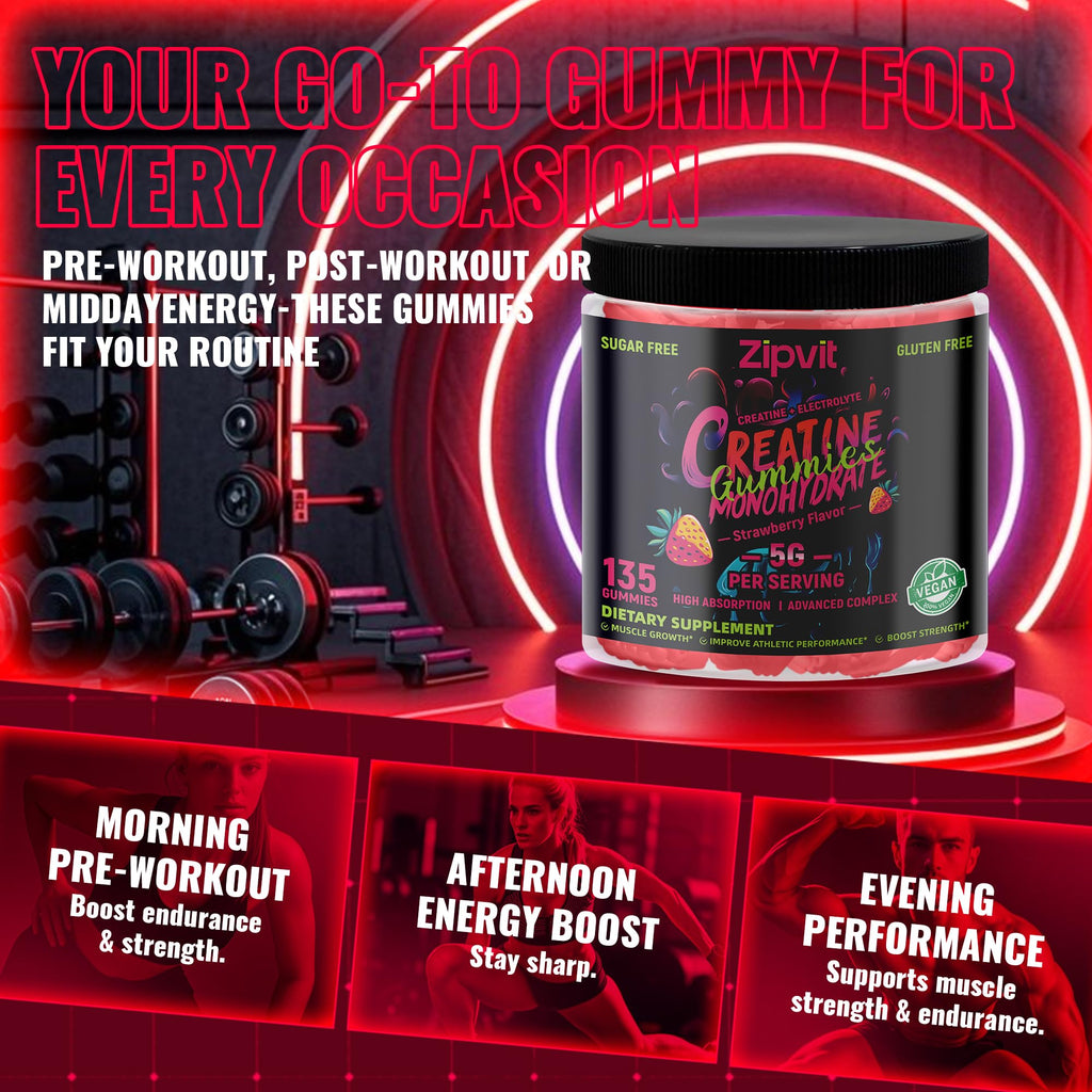 zipvit Creatine Monohydrate Gummies (5g) – Pre-Workout Energy & Muscle Growth Support for Men & Women | Orange Electrolyte Gummies (135 Count)