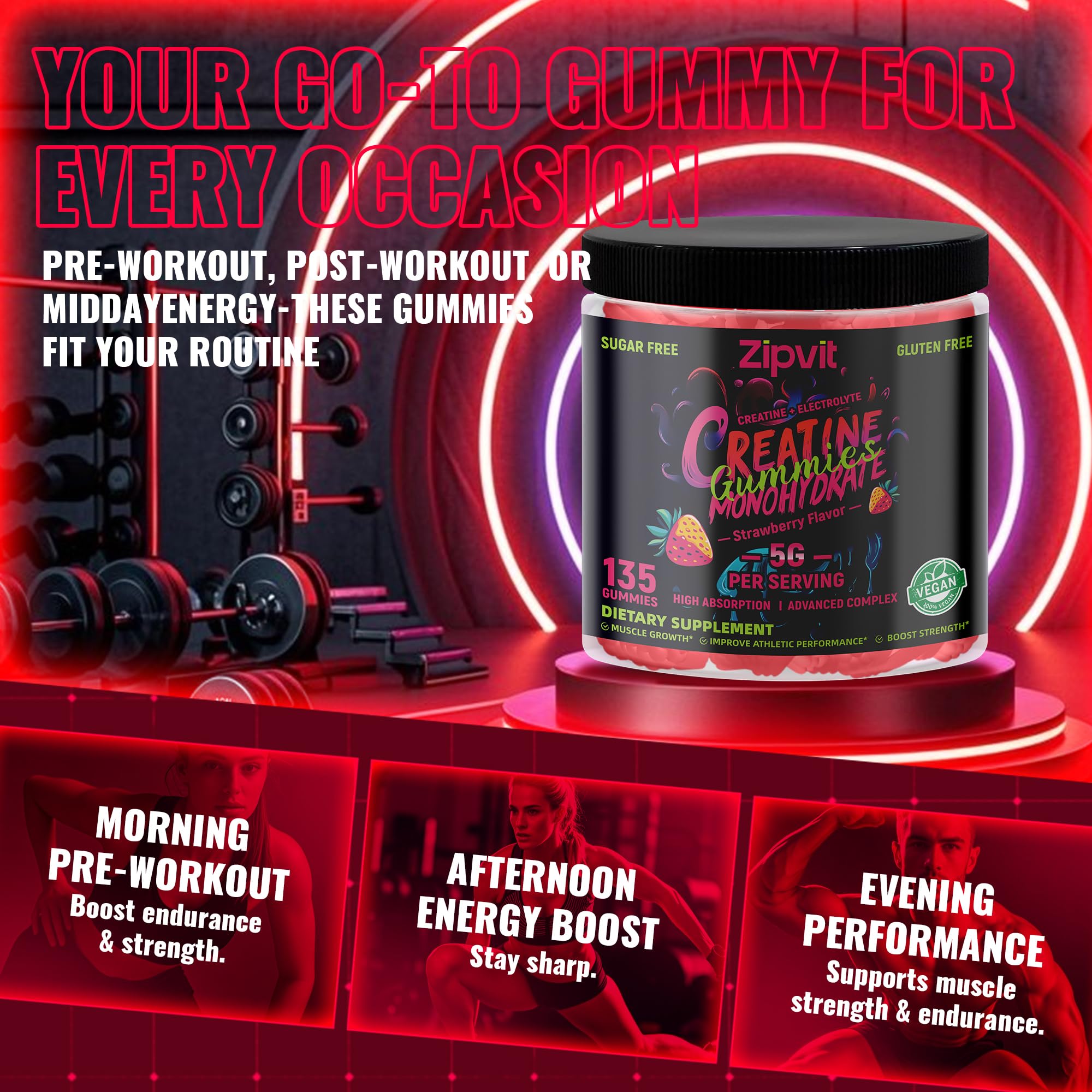 zipvit Creatine Monohydrate Gummies (5g) – Pre-Workout Energy & Muscle Growth Support for Men & Women | Orange Electrolyte Gummies (135 Count)