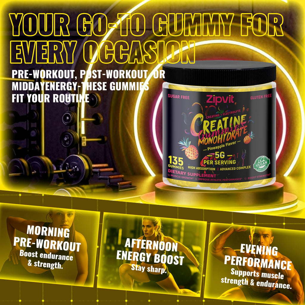 zipvit Creatine Monohydrate Gummies (5g) – Pre-Workout Energy & Muscle Growth Support for Men & Women | Orange Electrolyte Gummies (135 Count)