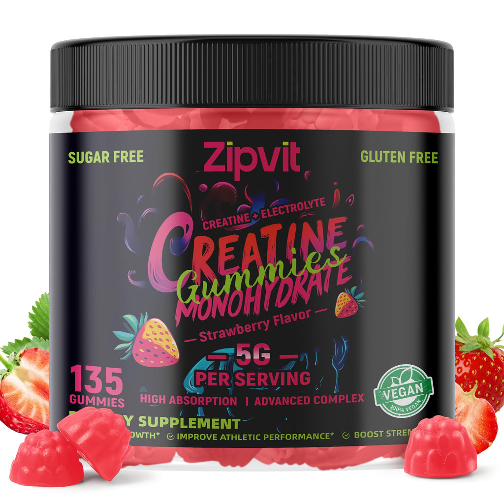 zipvit Creatine Monohydrate Gummies (5g) – Pre-Workout Energy & Muscle Growth Support for Men & Women | Orange Electrolyte Gummies (135 Count)