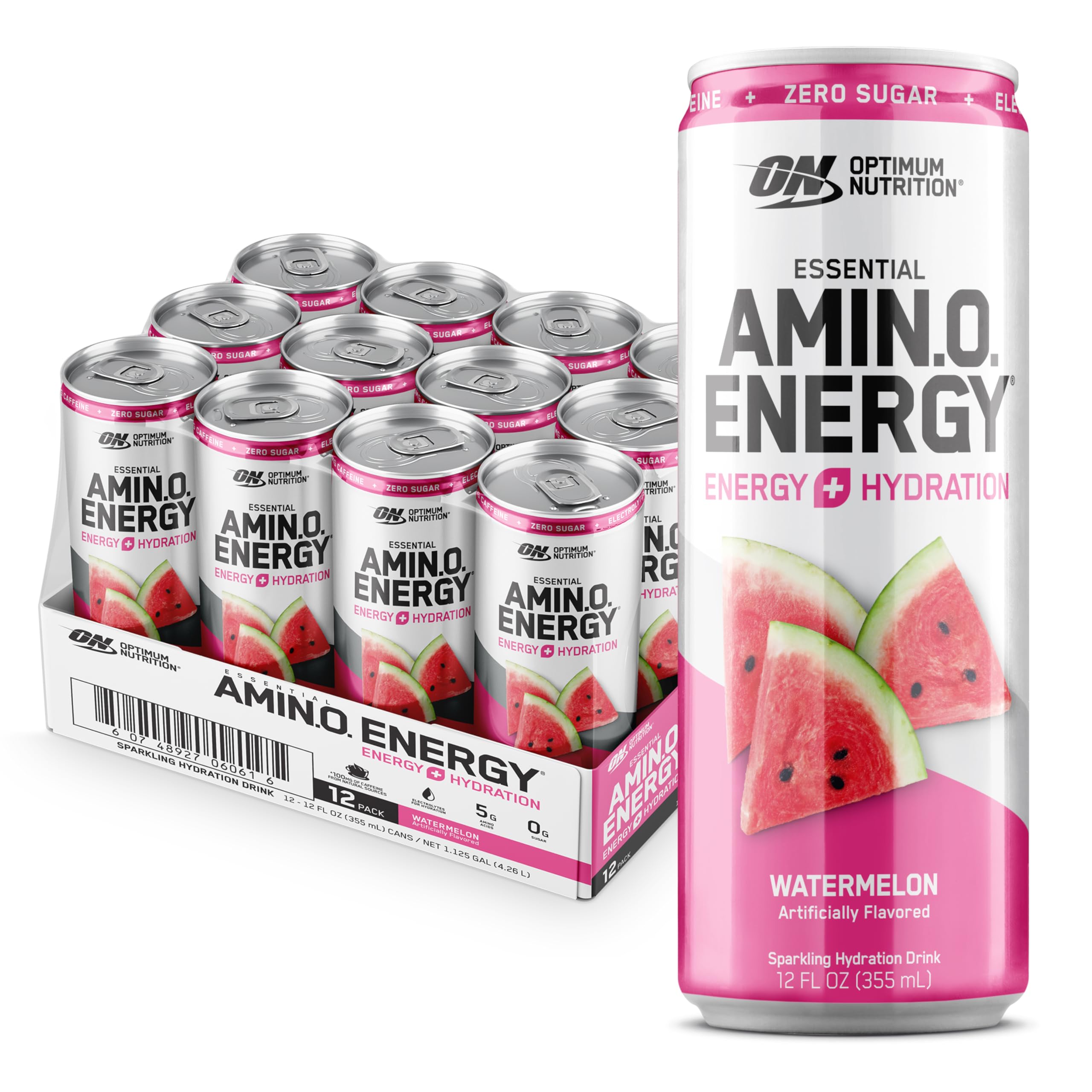Optimum Nutrition Amino Energy Sparkling Hydration Drink, Electrolytes, Caffeine, Amino Acids, BCAAs, Sugar Free, Grape, 12 Fl Oz, 12 Pack (Packaging May Vary)