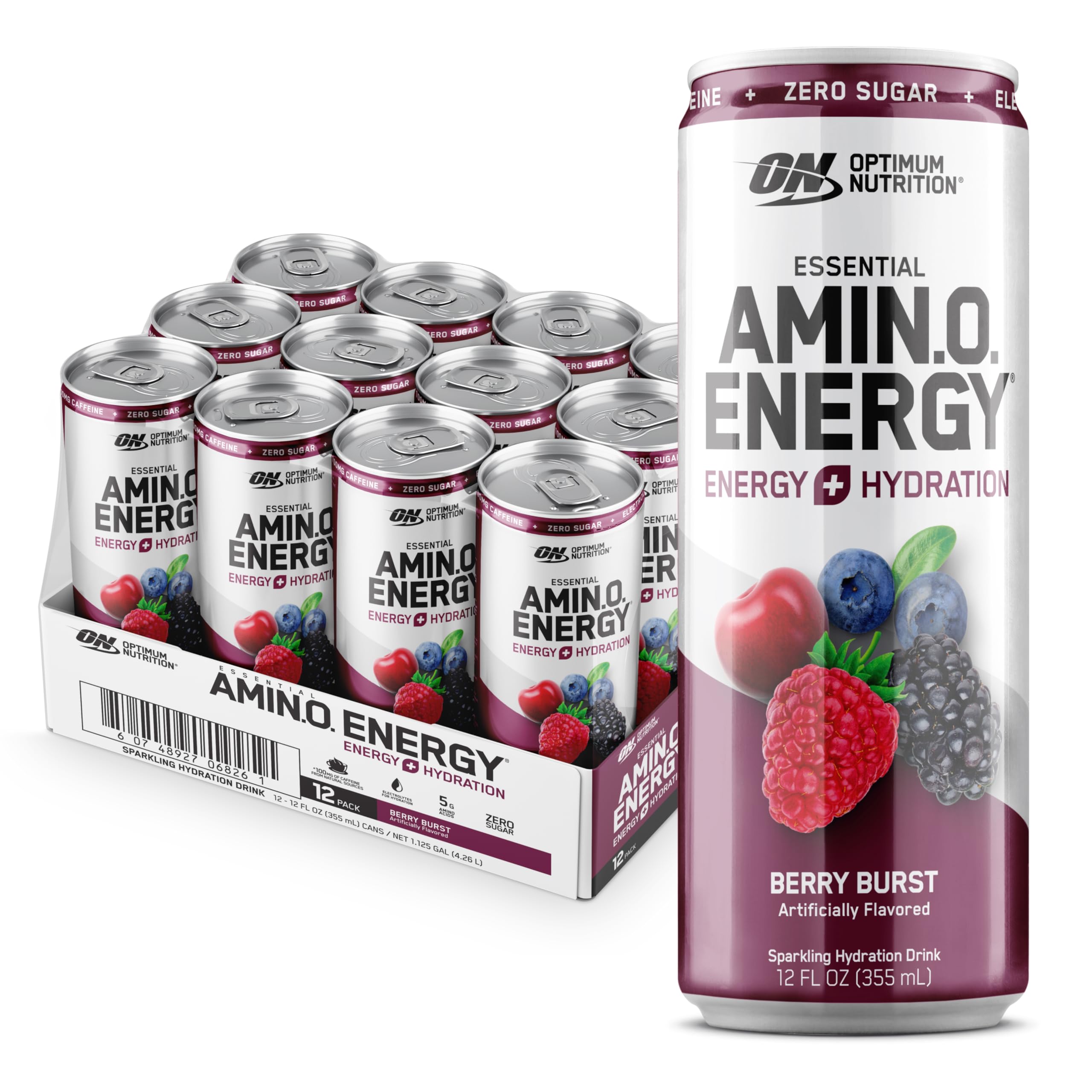 Optimum Nutrition Amino Energy Sparkling Hydration Drink, Electrolytes, Caffeine, Amino Acids, BCAAs, Sugar Free, Grape, 12 Fl Oz, 12 Pack (Packaging May Vary)