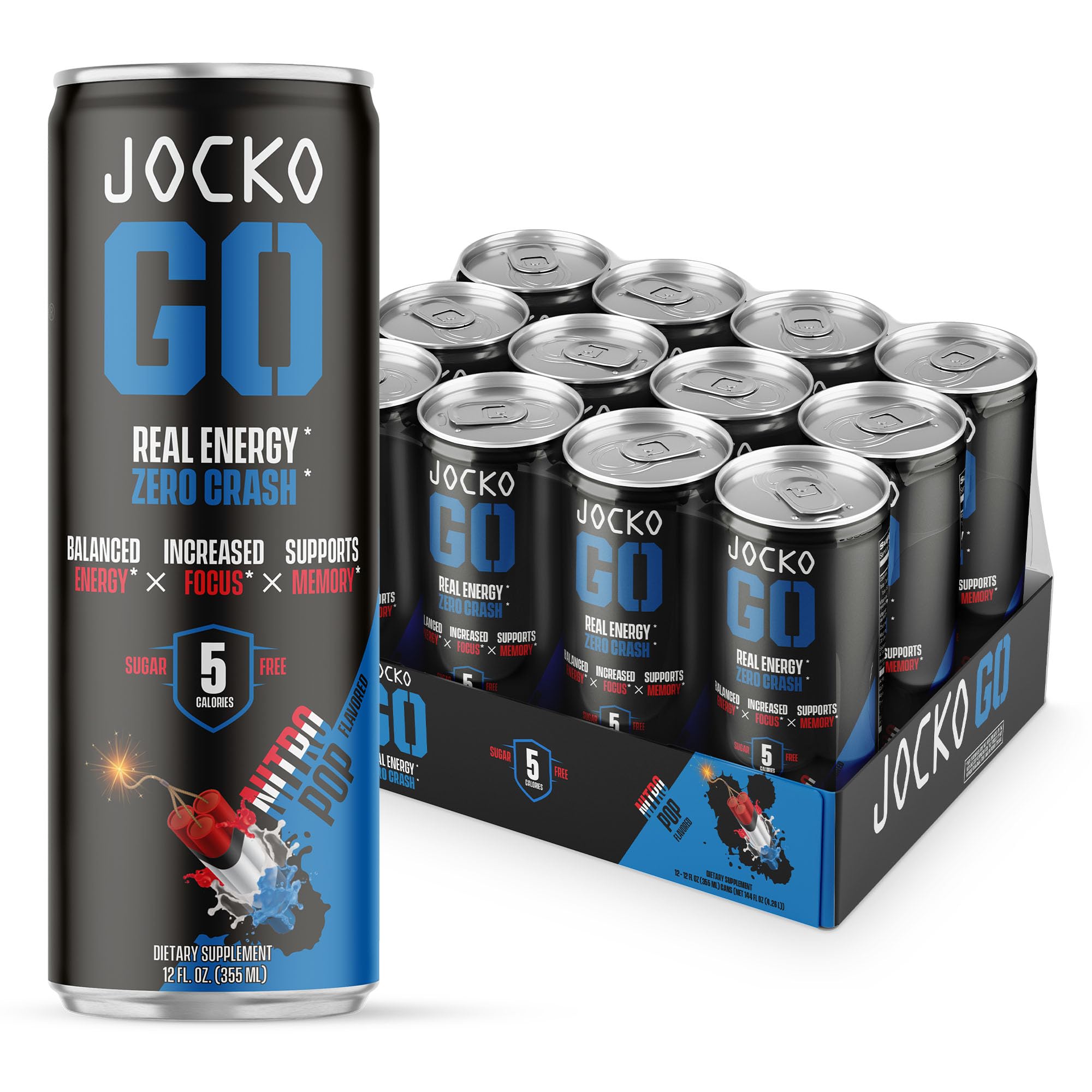 Jocko GO Energy Drink - Keto, Vitamin B12, Vitamin B6, Electrolytes, L Theanine, Magnesium- Energy Boost, Sugar Free Nootropic Monk Fruit Blend - 12 Pack (Nitro Pop)